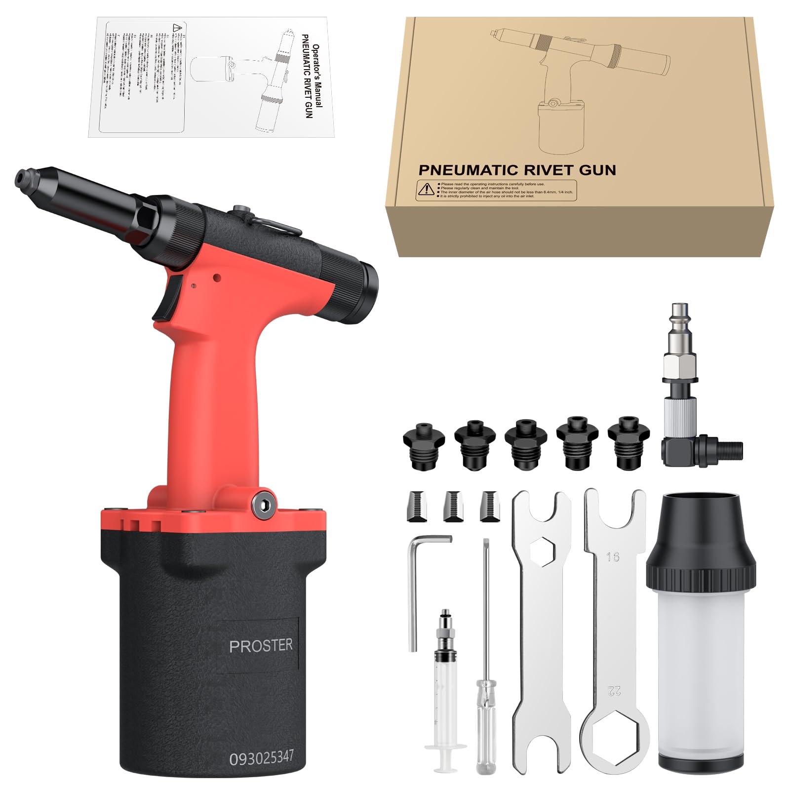 Proster Remachadora Neumatica Autoaspirante 1400KGF Pistola Remachadora de Aire con 360°Conector de Aire Giratorio y 5 Tamaños de Boquilla 2,4-6,4mm para Mecánicos, Marinos y Automoción