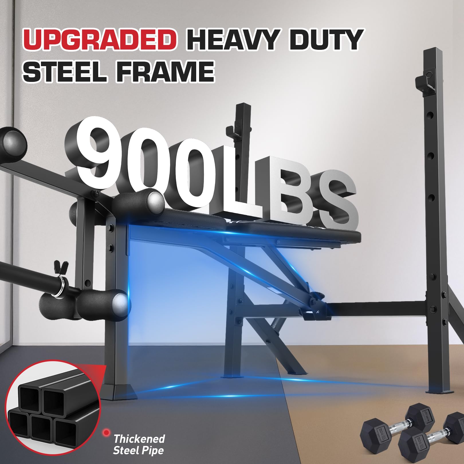 Adjustable Weight Bench Press Set 900LBS with 72''W Squat Rack & Leg Extension/Curl Foldable Workout Bench for Full Body Fitness Flat/Incline/Decline Upgrade Weight Benches for Home Gym