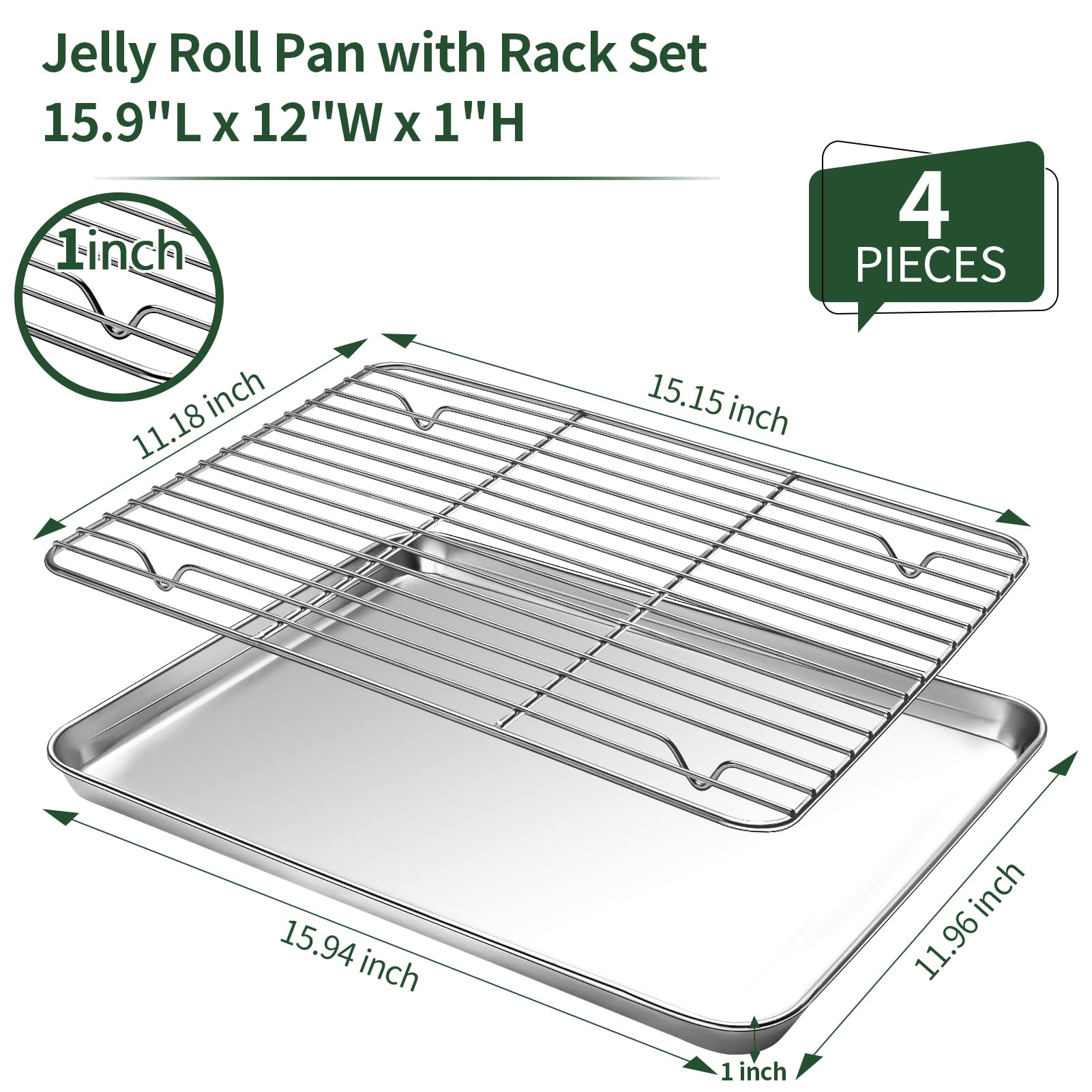 CEKEE Juego de sartenes y hojas de galletas, 4 piezas (2 sartenes+2 estantes) de acero inoxidable antiadherente para hornear media hoja Pan Jelly Roll Pan (16 pulgadas)