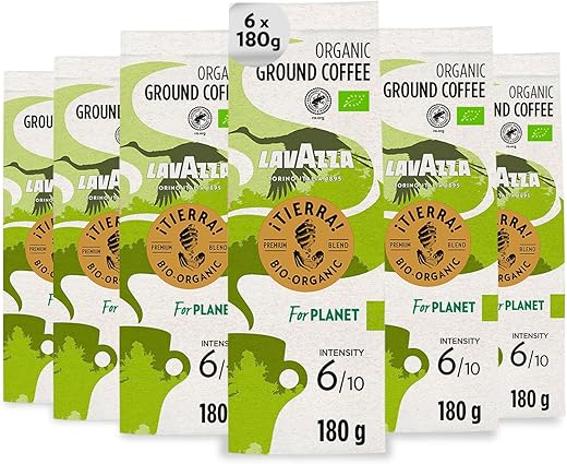 Lavazza, ¡Tierra! For Planet, Caffè Macinato, 6 Confezioni da 180 g, Ideale per Moka, con Note di Fiori e Frutta, Caffè Biologico 100% Arabica e Raccolto a Mano, Intensità 6/10, Tostatura Leggera