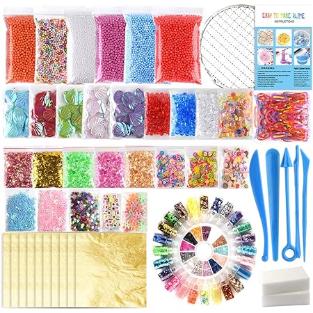 Fepito 84 Paquet Slimesupplies Kit Comprenant Balles En Mousse Perles Fishbowl Net Shell Eponge Cube Tranches Elastique Imitation Feuille D Or Papier Sucre Confetti Contenir Non Slime Amazon Fr Jeux Et Jouets