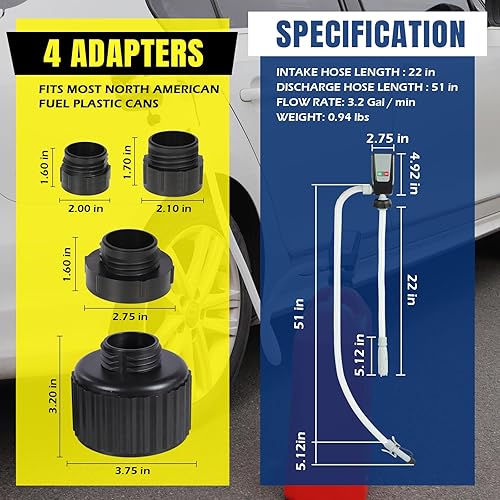 Miniatura 13 de Bomba de transferencia de combustible con parada automática, alimentada por pilas AA/CC, 2 modos de alimentación, manguera extra larga con adaptador