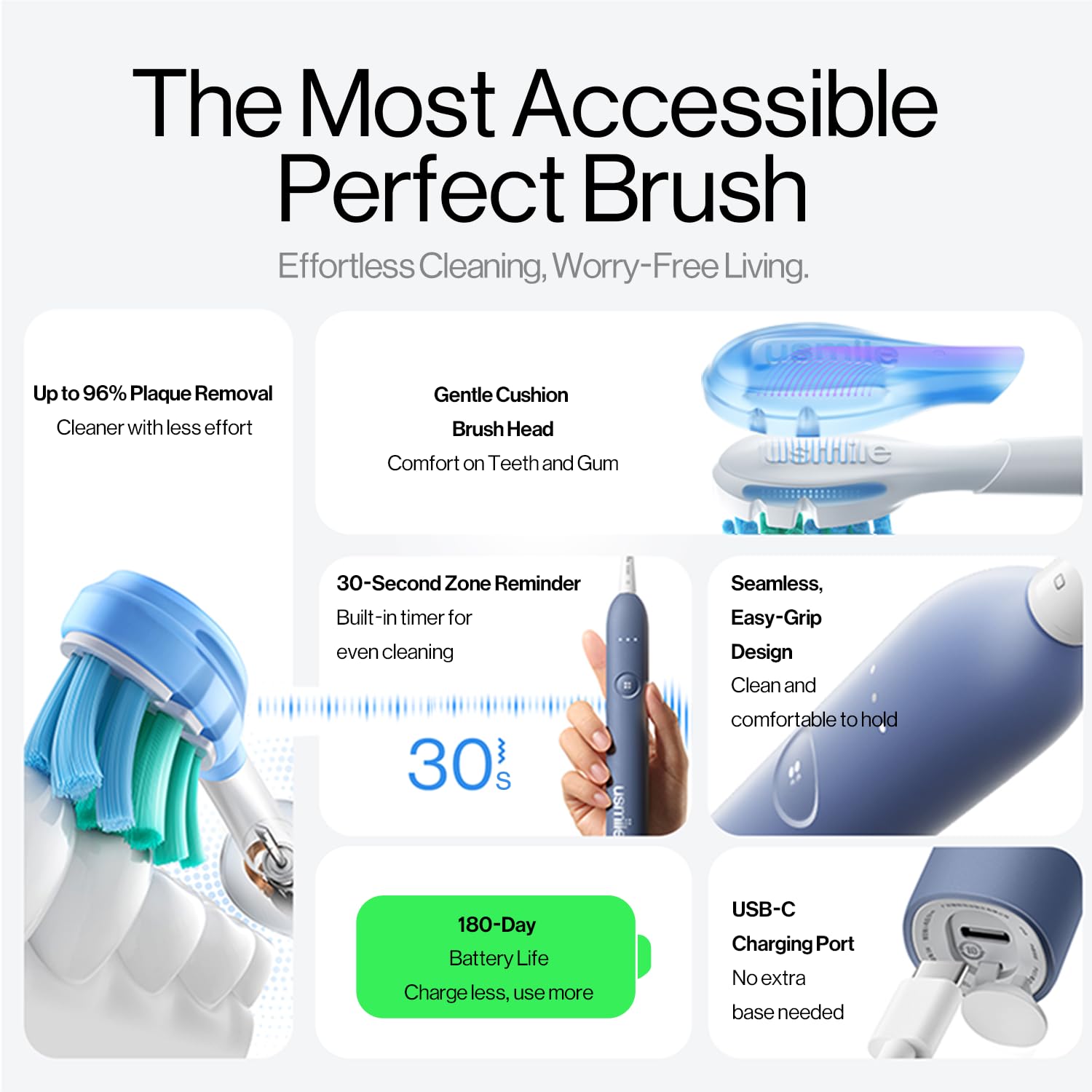 Photo 1 of usmile P10S Sonic Electric Toothbrush – 3 Modes Deep Clean & Whitening, 180-Day Battery Life, Cushioned Gum-Care Brush Head for Sensitive Teeth, Smart Timer, 2 Brush Heads (Blue)