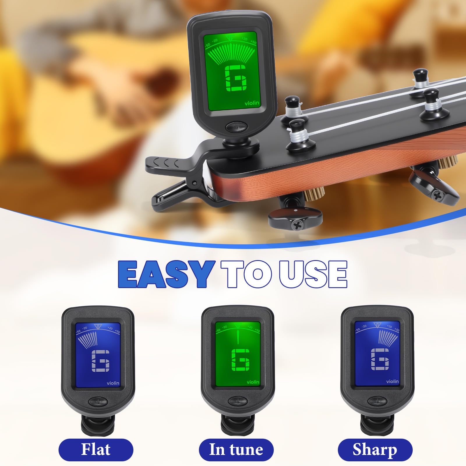 Boao 20 afinadores de guitarra, afinador de clip con modos cromáticos, pantalla LCD transparente electrónica digital, rotación de 360 grados para guitarra acústica/eléctrica, ukelele, bajo, violín