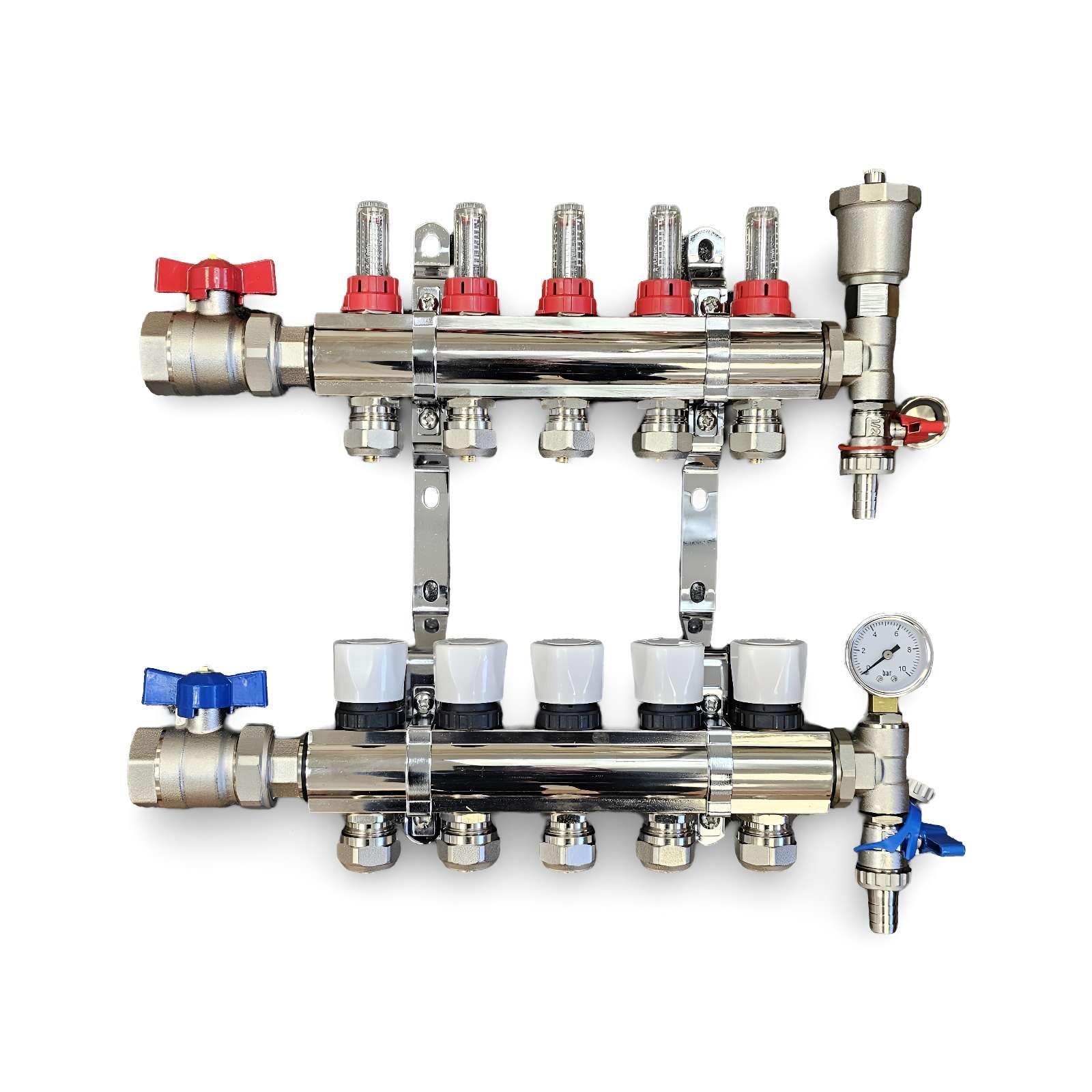 Wärmer System 5 Port Underfloor Heating Complete Manifold with Pipe Connections, Ball Valves, Automatic Air Vent and Pressure Gauge End Unit (16mm eurocone)