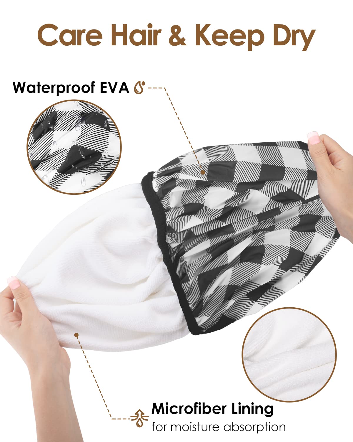 Auban Shower Cap, Shower Cap for Women Terry Cloth Lined EVA Exterior Reusable Double Layer Waterproof, Large Bath Hair Cap, Hotel Travel Essentials Accessories Cleaning Supplies (Checked) 4