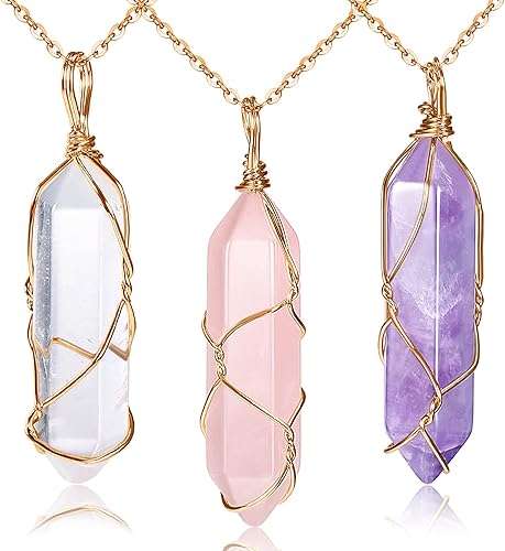 Yaomiao - Juego de 3 collares de cristal dije de cuarzo con cristal curativo de energía piedras preciosas hexagonales naturales para mujeres y niñas