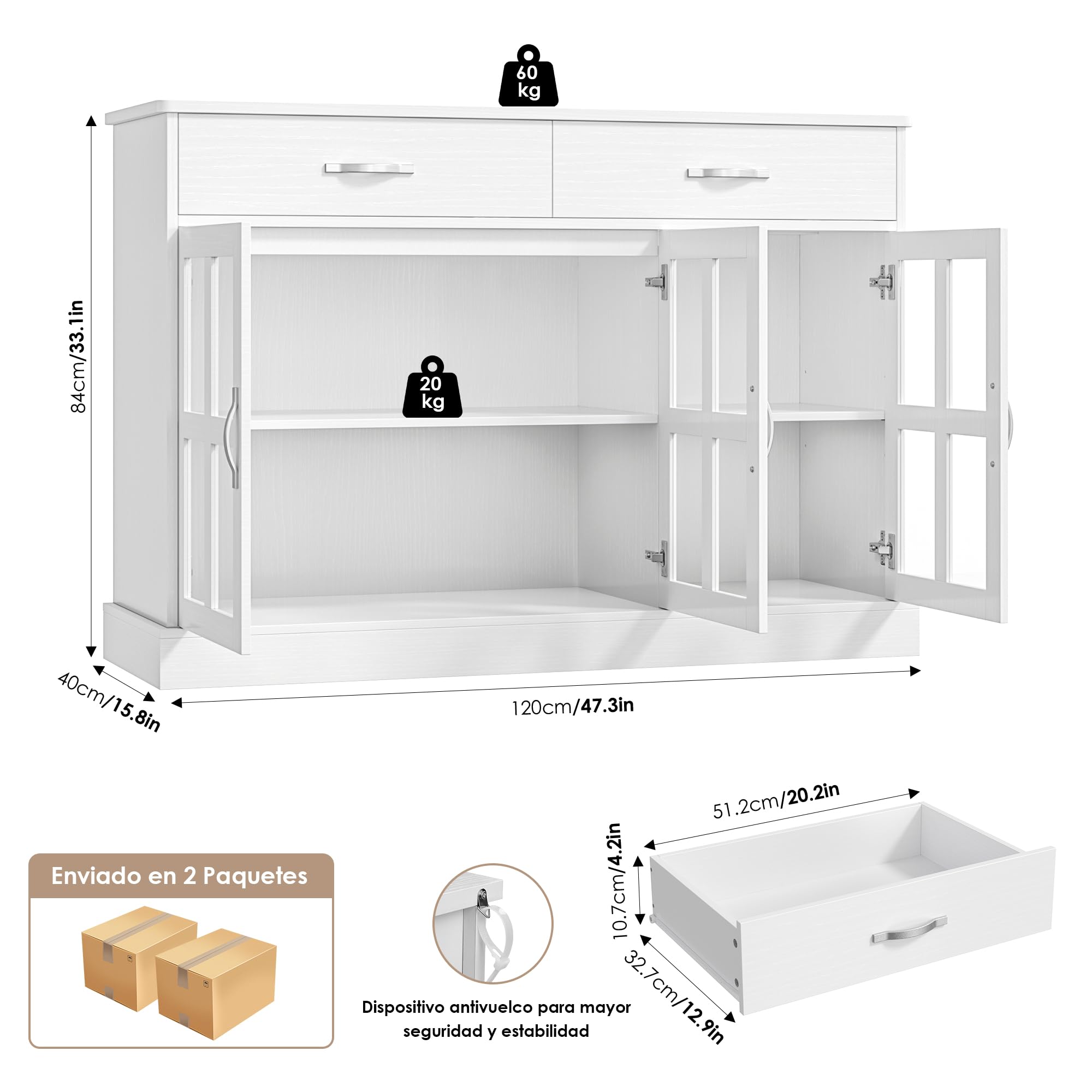 FirFurd Aparador Cocina con 3 Puertas de Cristal, Vitrina Salón, Muebles de Cocina, Aparador Comedor, Armario Buffet con 2 Cajones, Estantes Ajustables, Blanco 120x40x84cm