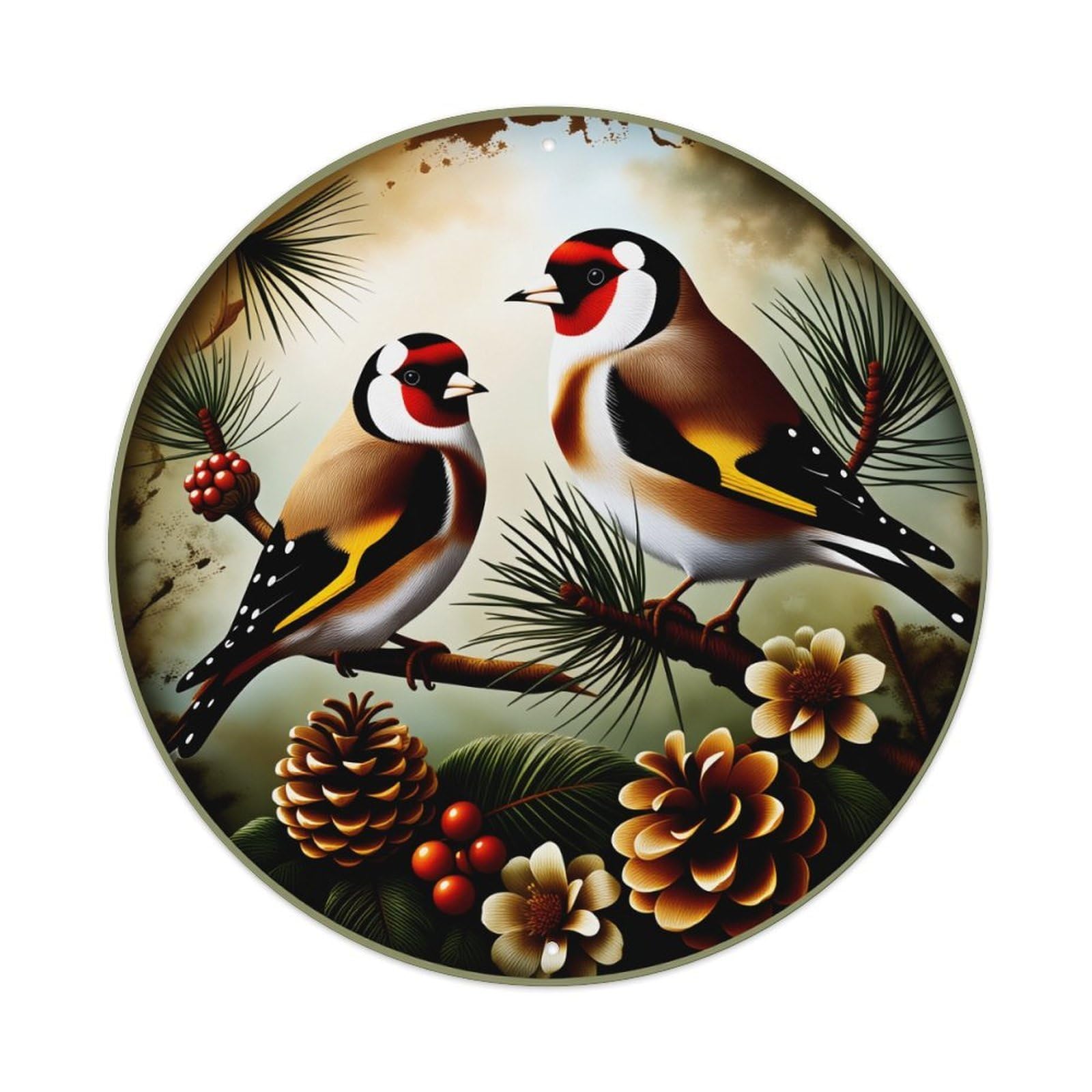 Lvalogy Style Birds Pinecones Flowers Branches Nature Winter Scene Metal Tin Sign Plaque