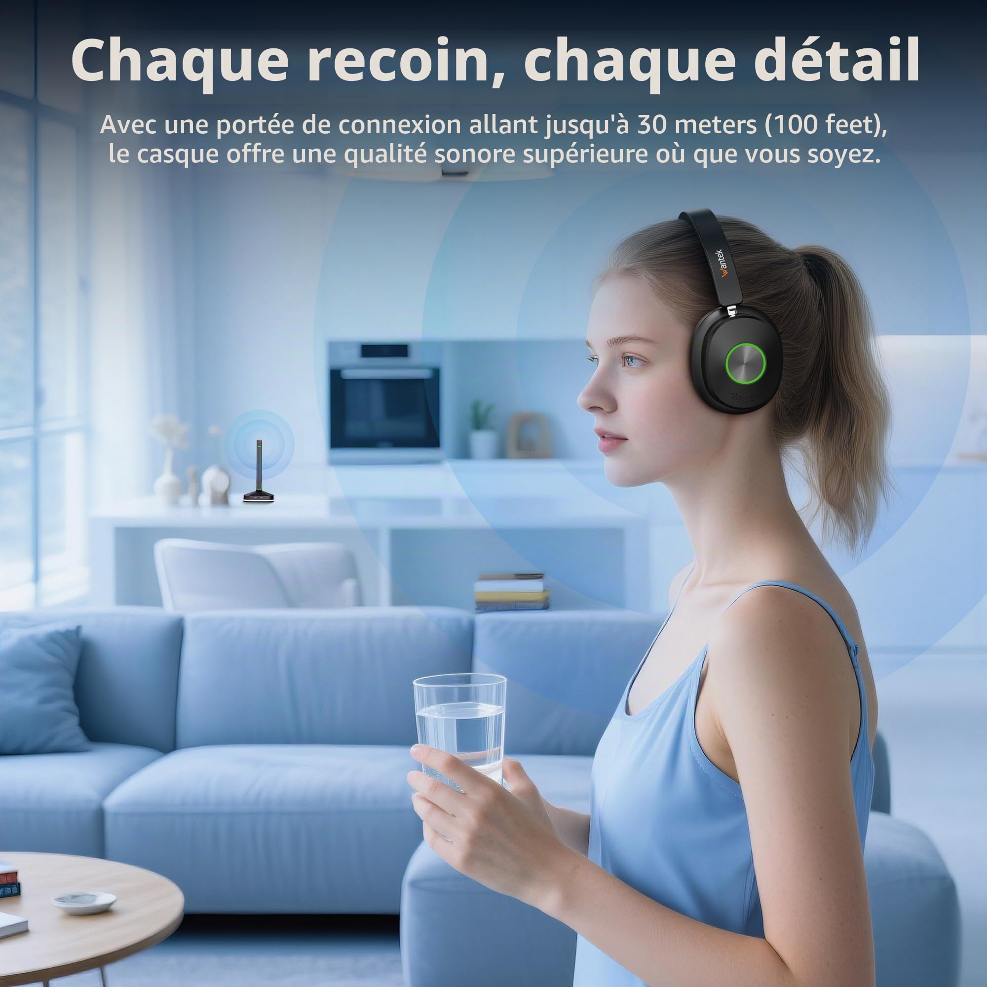 Wantek Bluetooth Casques TV sans Fil | <40ms Basse Latence & 30m Portée | 40h Autonomie & Charge Rapide | Compatible avec 99% des TVs (Optique/RCA/AUX) | Modes EQ & Microphone