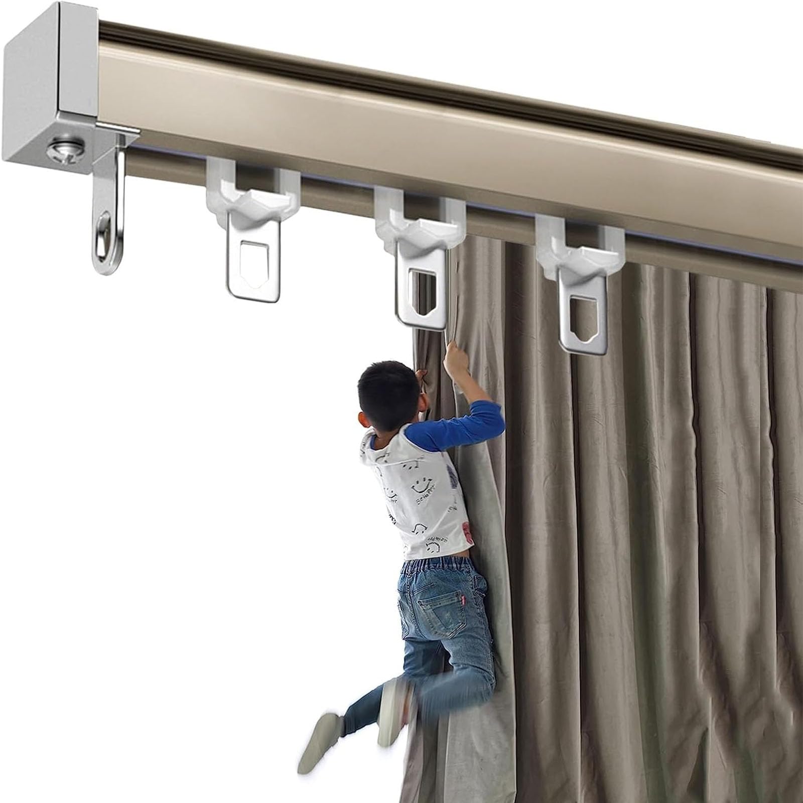 Aluminiowy system karniszy jednotorowych 150 cm, wstępnie nawiercony uchwyt ścienny/sufitowy z haczykami, metaliczny rozdzielacz do zasłon i zasłon
