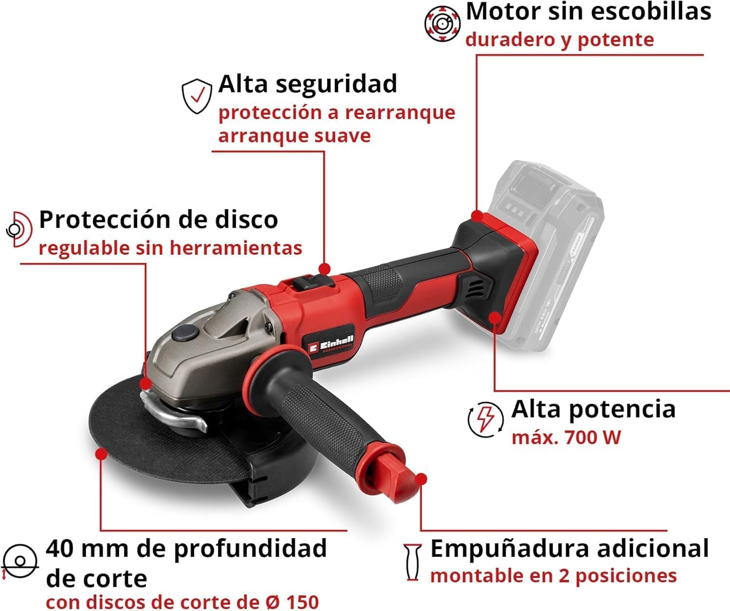 Einhell Professional Amoladora angular con batería AXXIO 18/150 Power X-Change (18 V, 700 W, 150 mm diámetro de disco, 40 mm profundidad de corte, Brushless, arranquue suave, incl. disco, sin batería) | PXC | 18V | 700W | Ø 150mm | Profundidad de corte 40