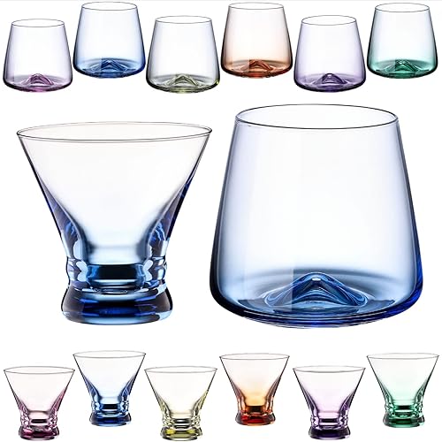 Colovie Juego de 6 vasos de Martini sin tallo y copas de vino de colores sin tallo juego de 6 cristalería colorida juego de vasos para beber vasos