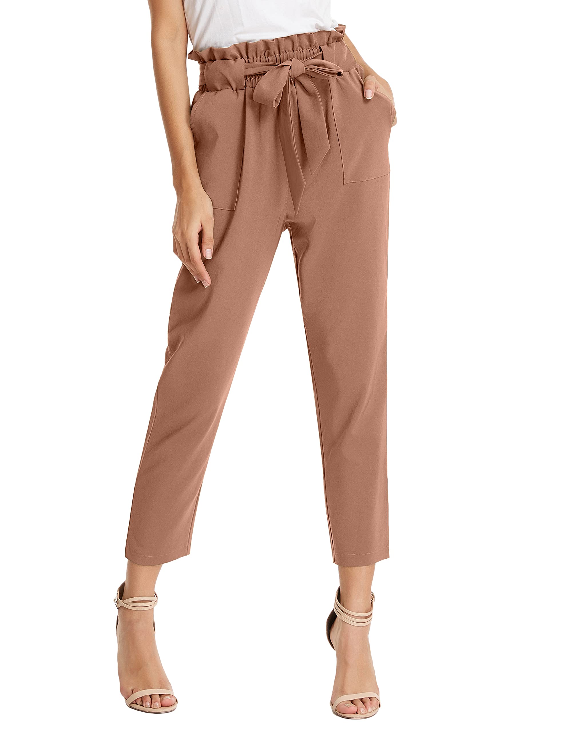 KANCY KOLEWomen Paper Bag Pants High Waist with Pockets Tie Casual Cropped Trousers S-XXL