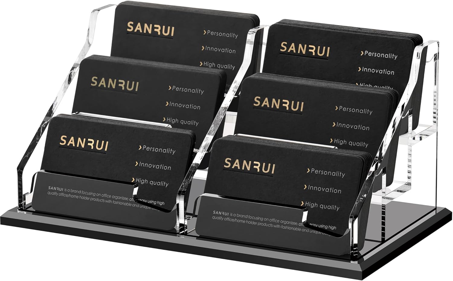 SANRUI Black Business Card Holder for Desk 6 Slot , Clear Acrylic Horizontal Name Card Stand for Women and Men, Desktop Organizer Display for Office Home Exhibition - 360 Card Capacity 1 Pack