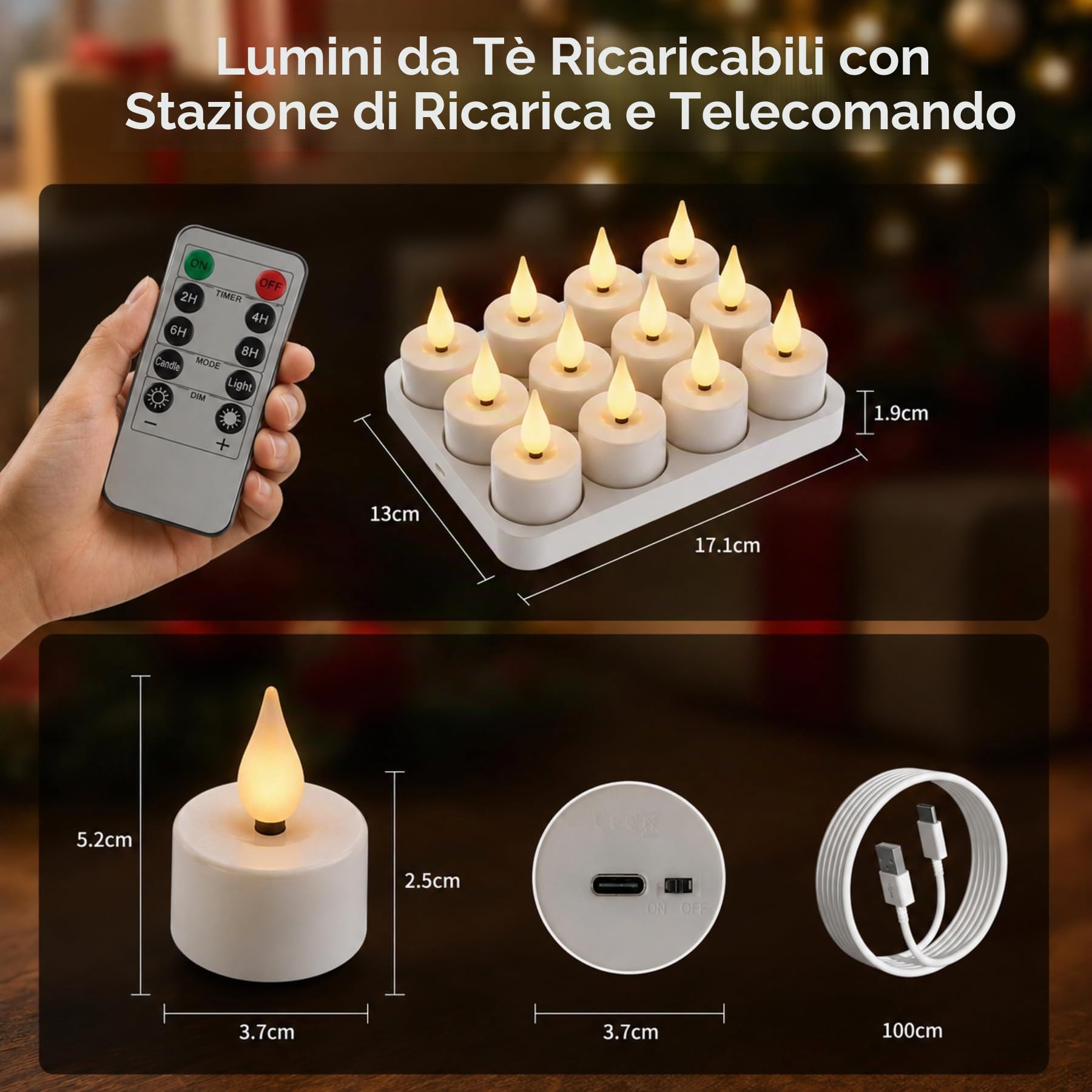Candeline LED ricaricabili, 12 candele LED effetto fiamma tremolante con telecomando e timer, candele elettriche LED dimmerabili con base di ricarica per feste, ambienti e decorazioni natalizie