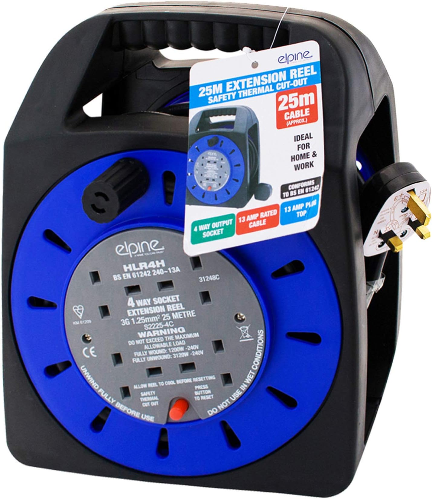 EPLINE 4 Way 25 Meters Cable Extension Cord Reel Heavy Duty Lead Gang Mains Electrical Socket Wire Home Office Industrial Work DIY Garden USE Safety Thermal Cut-Out Protection Reset UK Free P&P