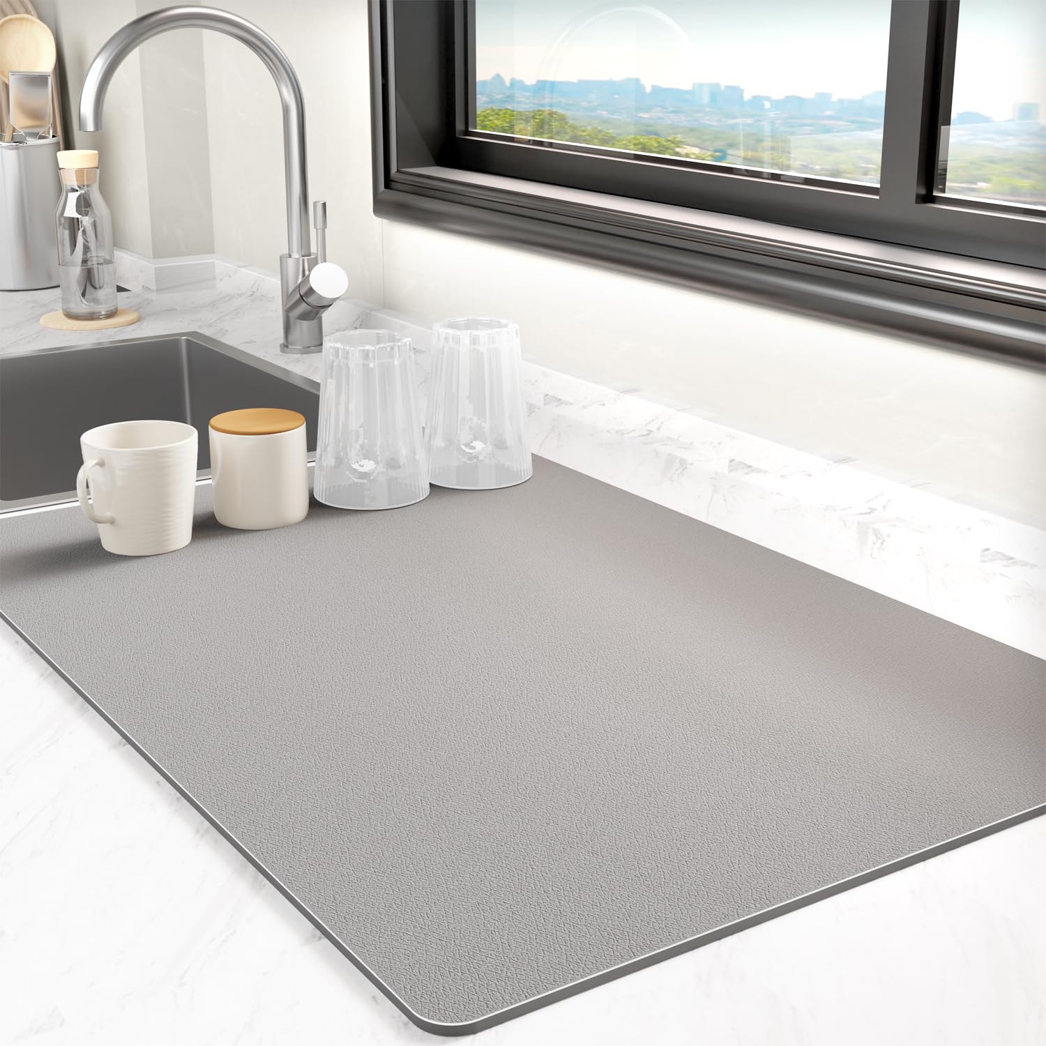 SUMLANS Dish Drying Mat for Kitchen Counter, PU Leather Super Absorbent Microfiber Dish Drying Pad for Dishes with Non-slip Rubber Backed, Hide Stain Heat Resistant Drainer Mats. (GREY, 17" * 31.5")