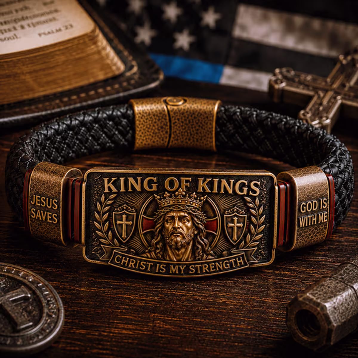 Bransoletka King of Kings Faith – regulowana chrześcijańska opaska na rękę, 'Jesus Saves Cross Cuff Bangle', inspirująca biżuteria religijna dla męża, taty, syna, Chrystus jest moją siłą
