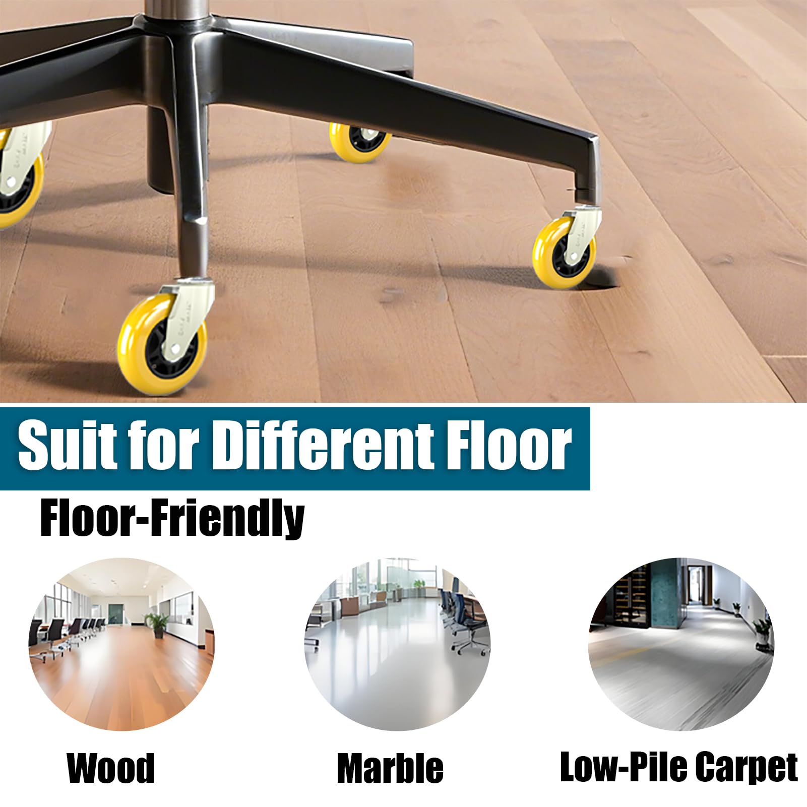 Ruedas amarillas para silla de oficina de 3 pulgadas, ruedas de goma de repuesto, vástago de ajuste universal de 11 mm, ruedas resistentes para silla de escritorio de computadora para suelos