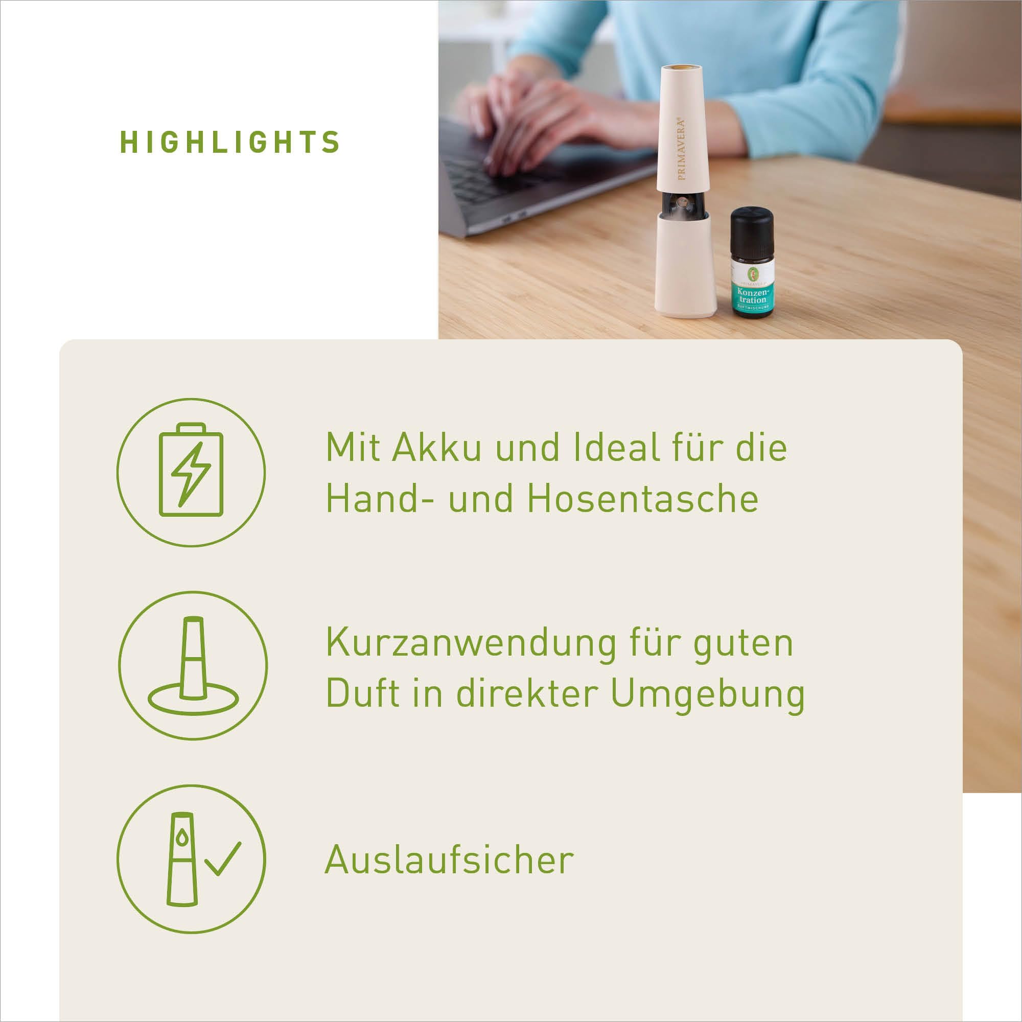 Primavera Aroma Vernebler Petit – kabellos, kompakt, praktisch – elektrische Duftlampe, Diffuser, Raumduft – für ätherische Öle und Duftmischungen – Aromatherapie