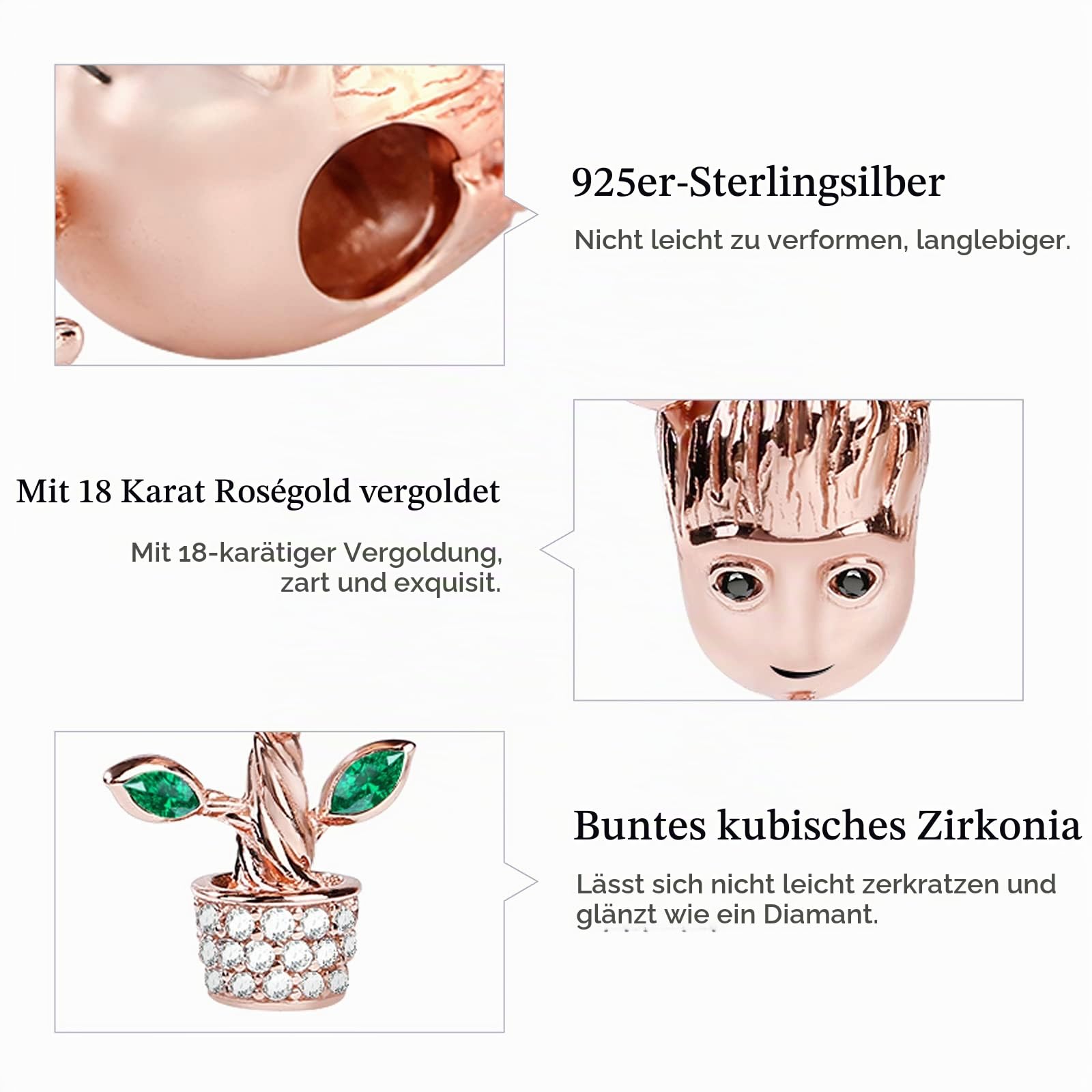 GNOCE Baum Mann Charm Anhänger 925 Sterling Silber 18k Rosegold plattiert Perlen Charms mit Zirkonia Schmuck für Armbänder Halsketten Geschenke für Damen Herren