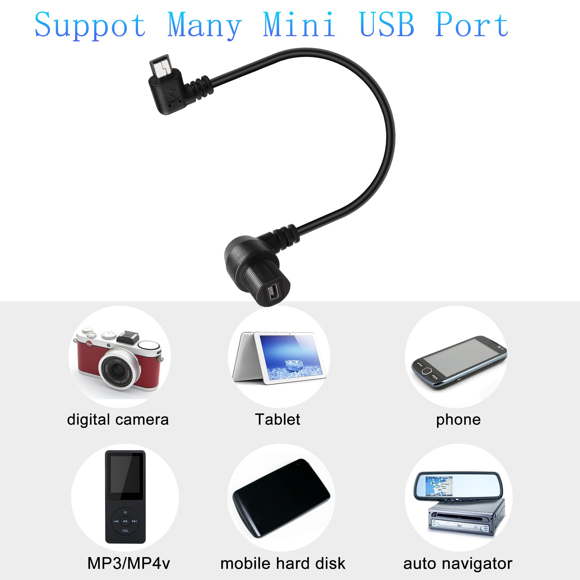 QIANRENON 90° Winkel Mini-USB Kabel – Wasserdicht, 28 Cm, Zur Einbau-Montage Im Armaturenbrett