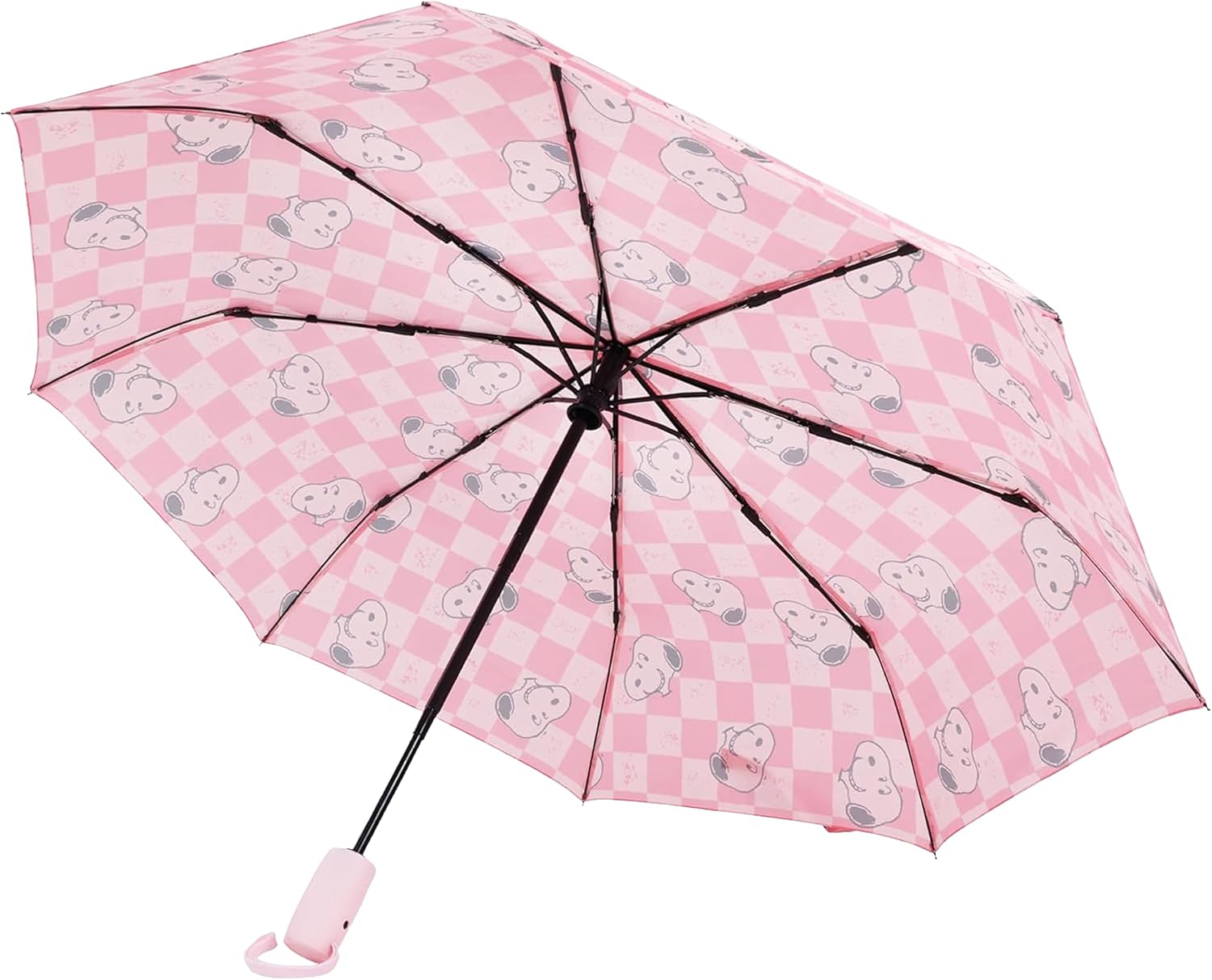 Snoopy Pink Checker Umbrella, Compact Auto Open and Close, Durable Frame, Matching Sleeve, Pink