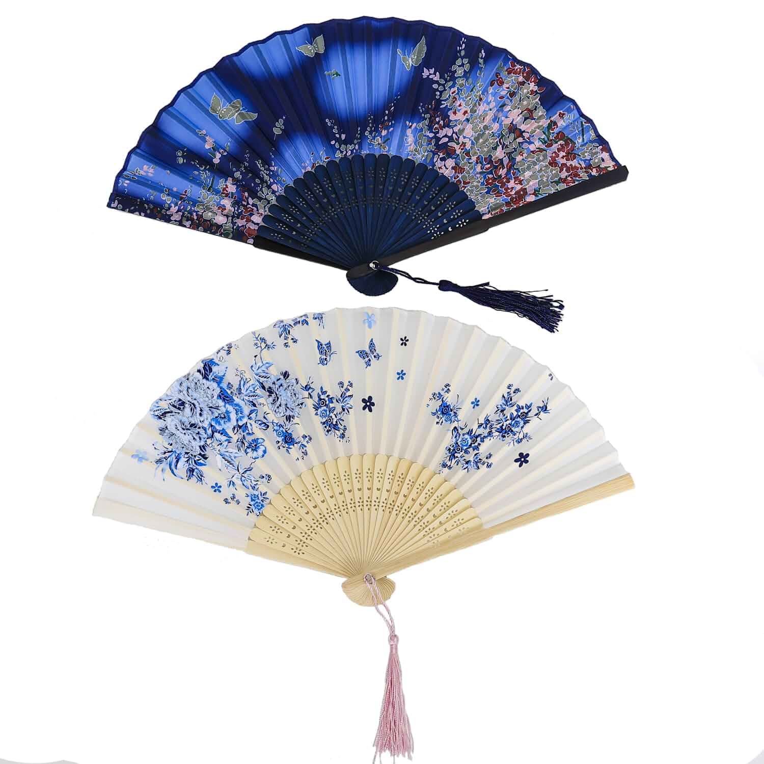 2 Pieces Handheld Fans Silk Folding Foldable Fans Vintage Bamboo Frames Chinese Japanese Fans for Dancing Cosplay Wedding Party Props Decoration