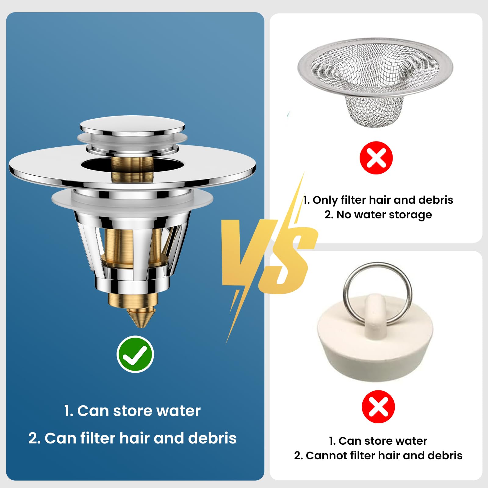 Colador de drenaje universal 2 en 1 para fregadero de baño, filtro de drenaje desplegable con cesta de filtro extraíble de acero inoxidable antiobstrucción, tapón de drenaje de baño para agujeros de