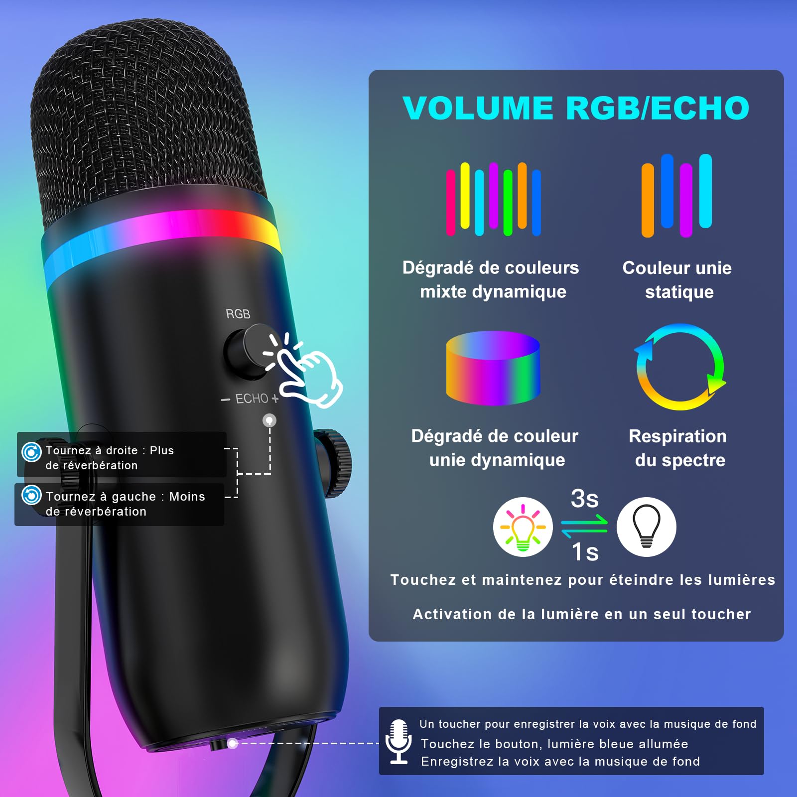 zealsound RGB Micro Gaming avec Bras, et Réduction de Bruit pour PC Telephone PS4/5, USB Microphone à Condensateur pour Podcast, Streaming, Twitch, Youtube, Discord, aevc Bouton de Silence et Gain