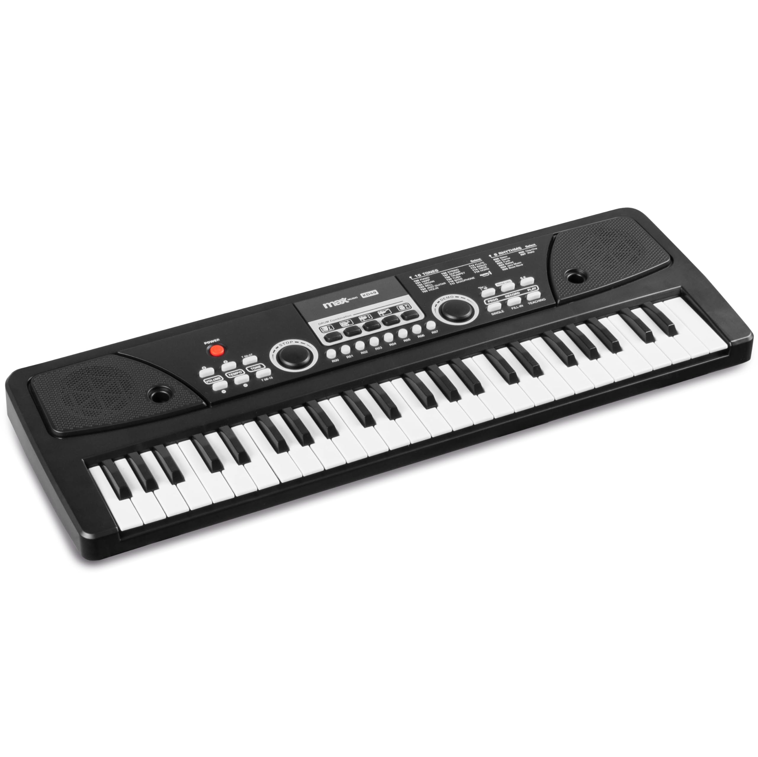 MAX KD49 – Teclado electrónico 49 teclas con batería recargable, micrófono incluido, 16 sonidos y 8 ritmos, función aprendizaje, grabación, USB,portátil y compacto, iniciación musical, color negro