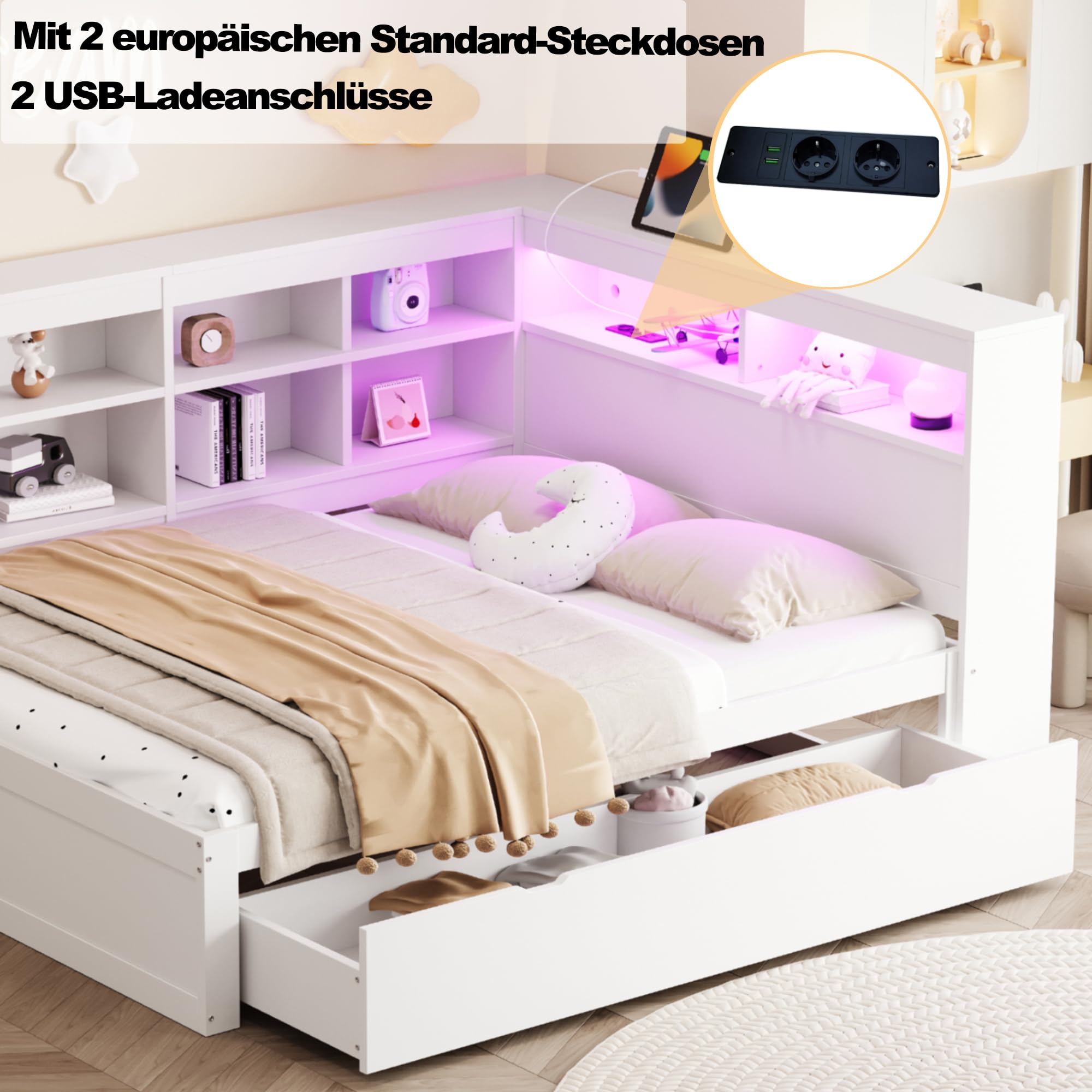 Kehun Doppelbet Sofabett 140x200 cm mit LED und USB Port, Schlafsofa Tagesbett mit Stauraum Schubladen und Ablagefach Kopfteil, Holzbett Bett mit Lattenrost aus Holz, Weiß, Ohne Matratze