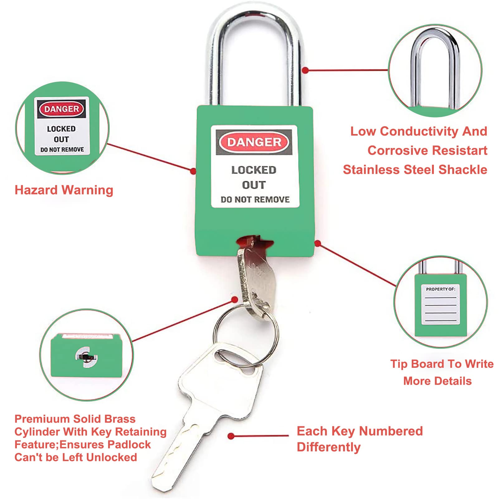 10 Pzas Candado de Seguridad, Bloqueo Y Etiquetado Conjunto de Bloqueo, Candado con Llave Candados Misma Llave 10 Pzas Candados con 20 Clave,38mm Steel Shackle (Verde)