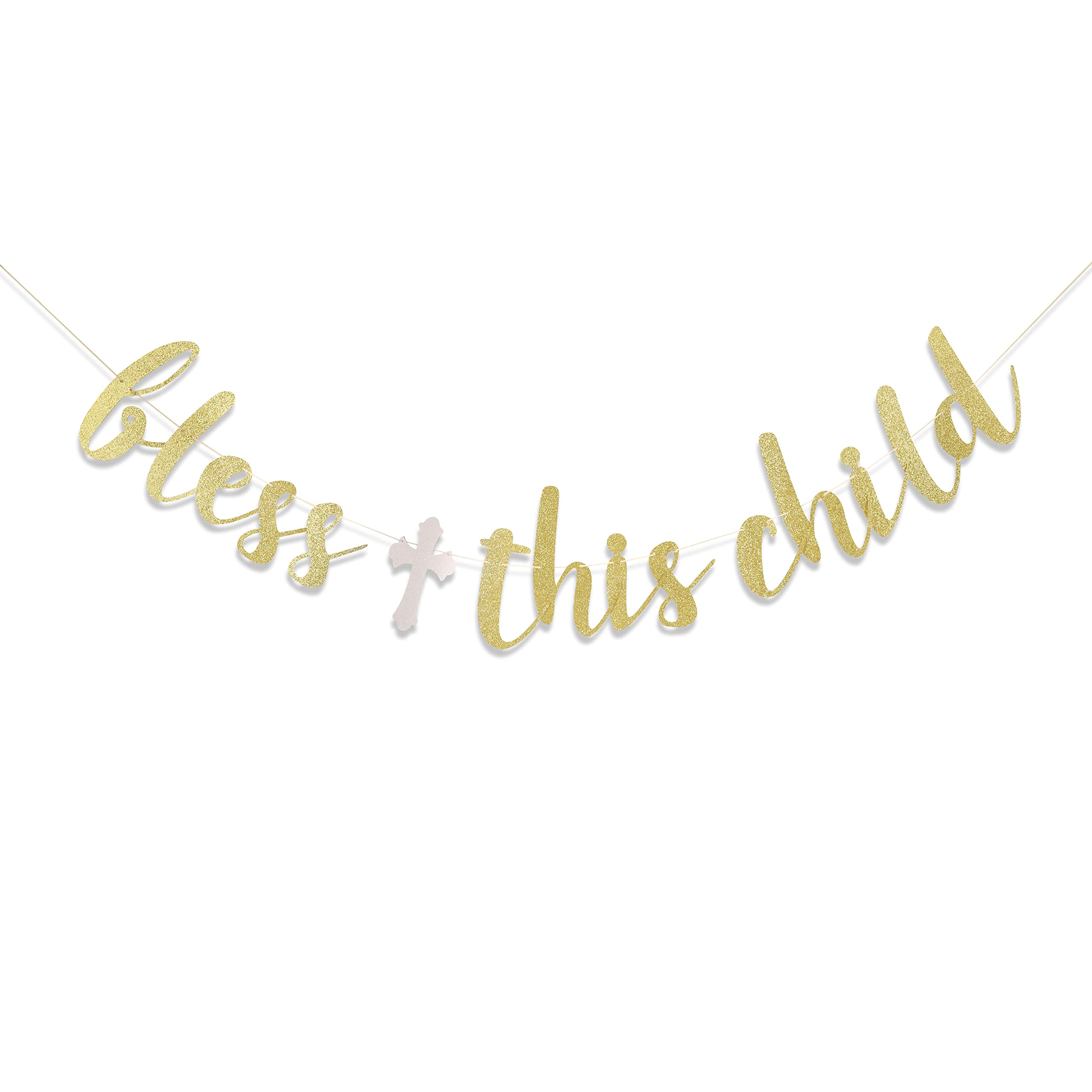Bless This Child Gold Glitter Banner - First Communion, Baptism, Baby Shower Party Decoration Topper - View #8