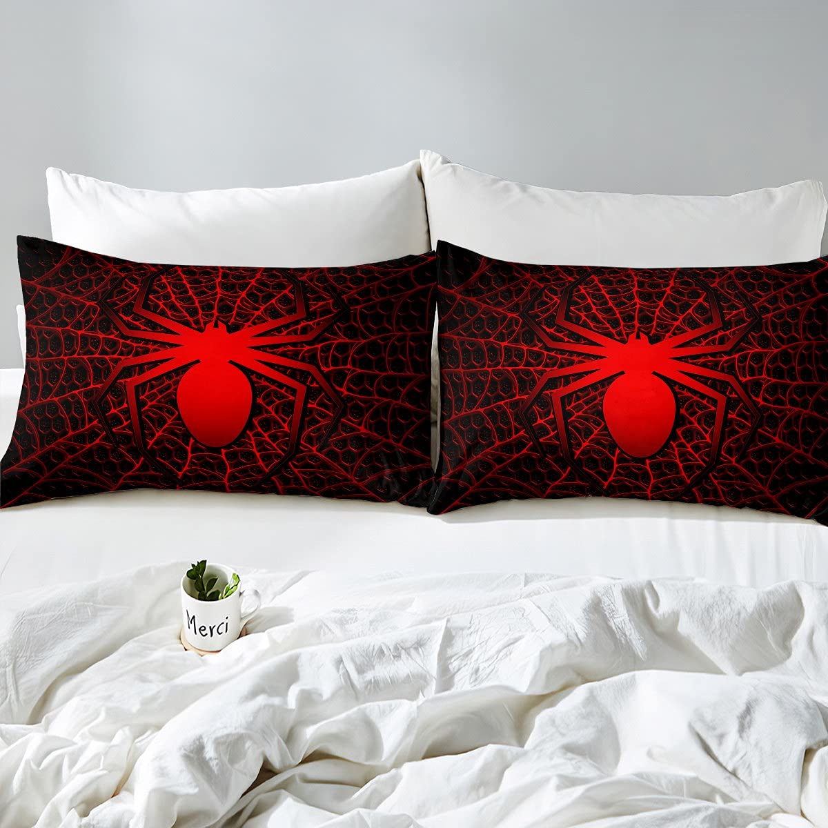 Loussiesd Juego de ropa de cama de araña para niños y niños 3D Scary Spider Web Ropa de cama y lino Red Wildlife Funda de edredón Spider Animal Ropa de cama y lino Super King 3 piezas
