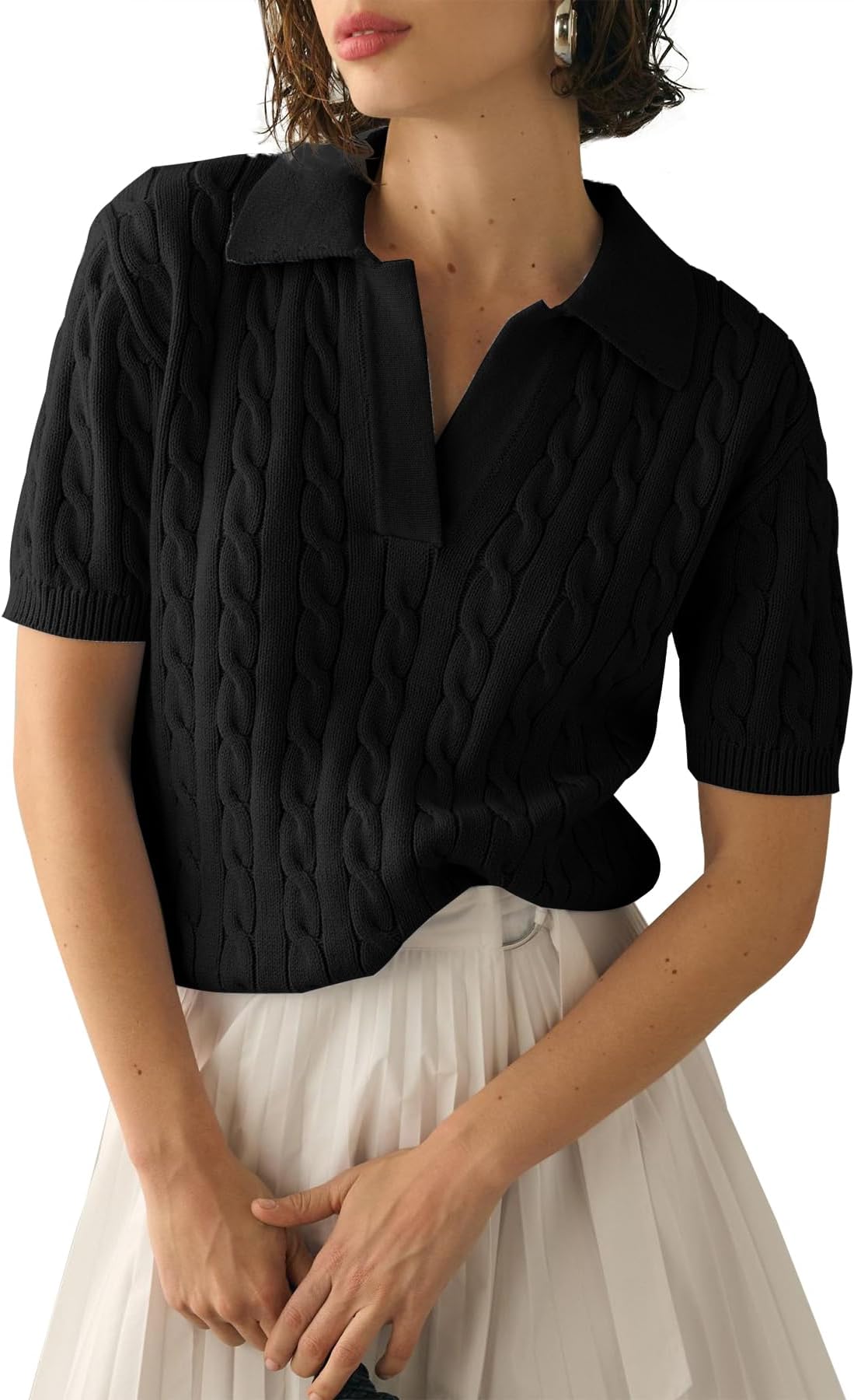 Women's Cable Short Sleeve Sweaters Tops Solid Lapel V Neck Knit Casual Soft Pullover Shirt