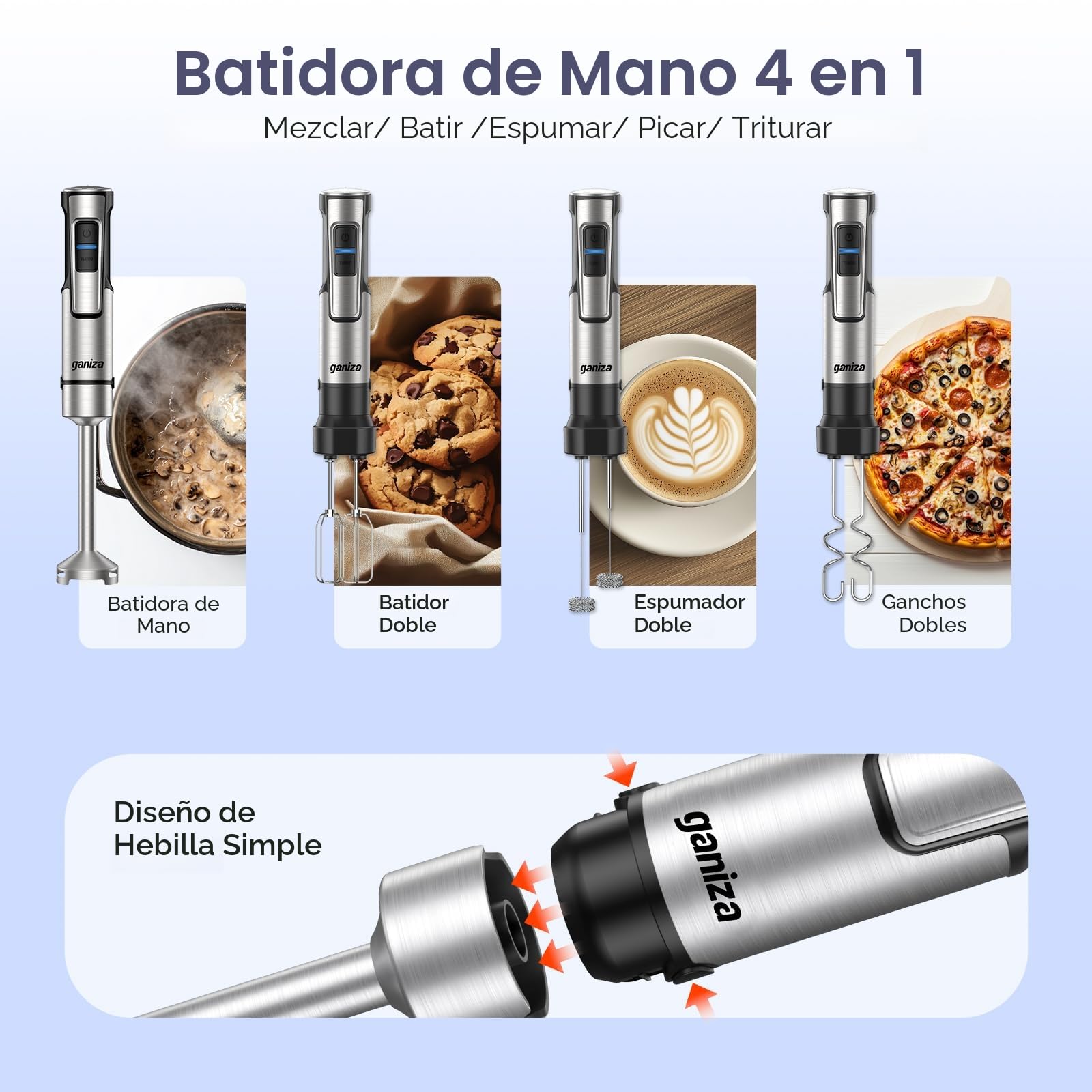 Ganiza Batidora de mano eléctrica 5 en 1, potente batidora de 1200 W con control de velocidad y botón TURBO, Multifunción picadora con doble espumador de leche, para preparar salsas y batidos