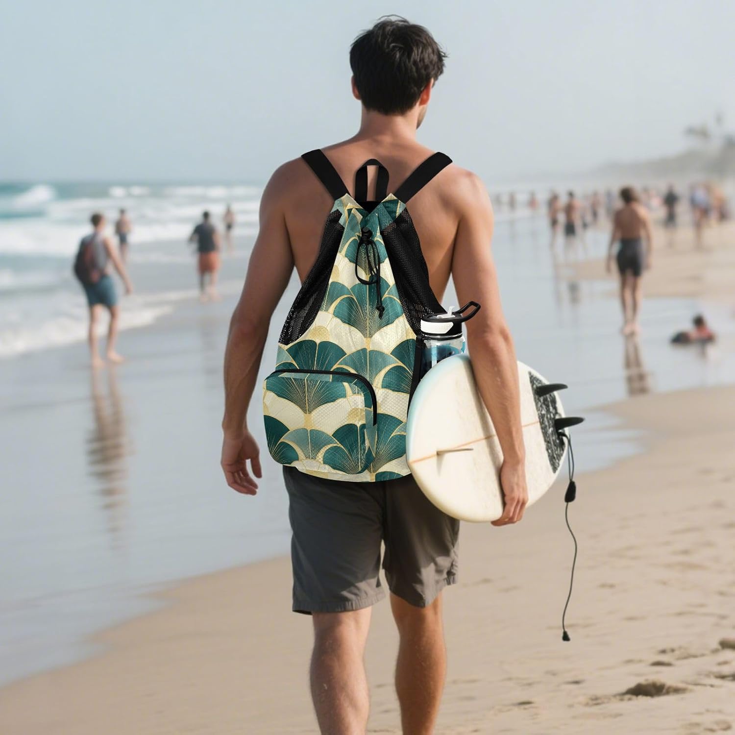 Geometric Green Abstraction Drawstring Beach Bags Pull String Back Pack With Inside Pockets Wet and Dry Separation