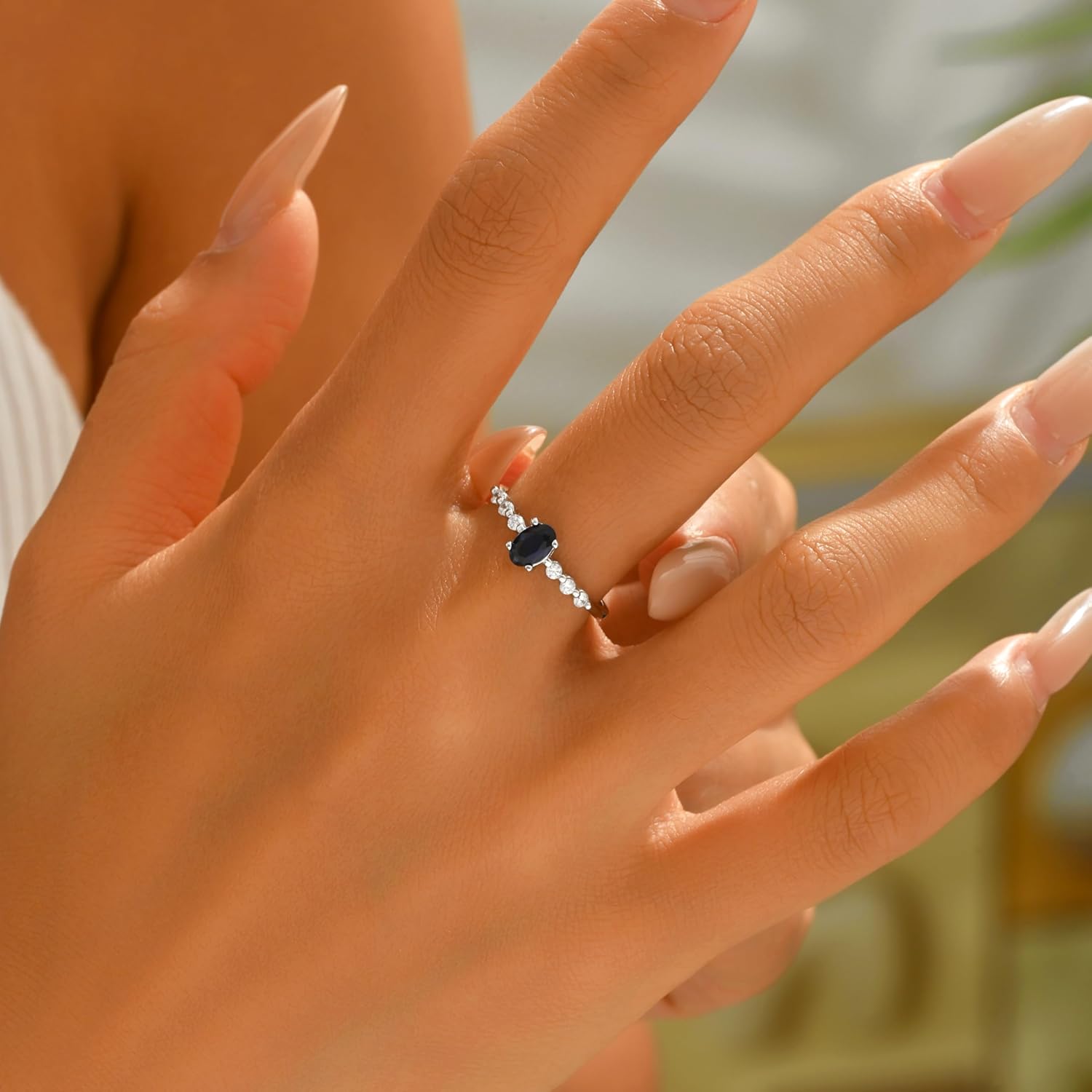 Halo Eternity Band Ring for Women 925 Sterling Silver Sapphire Crystal Birthstone Stackable Rings for Her Blue Cubic Zirconia Engagement Ring to Daughter Mother Wedding Birthday Jewelry Gift - Image 2