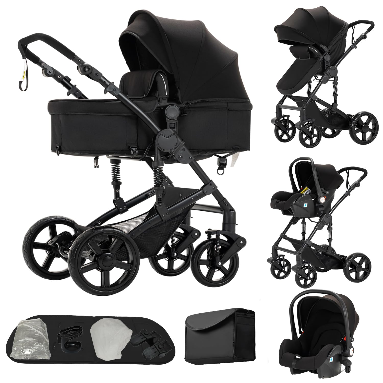 Cochecito 3 en 1 de Bebé con Silla de Coche, Cuna de Paisaje Elevado, Toldo Ajustable y Ruedas con Amortiguadores, Marco de Aleación de Aluminio(negro)