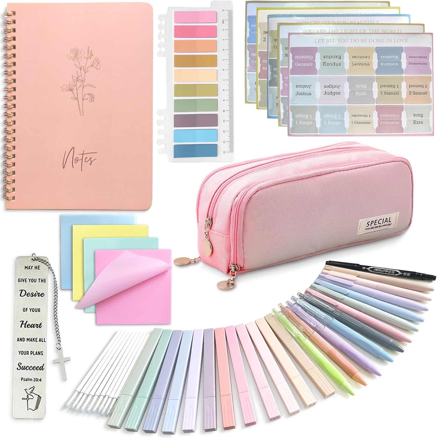 47PCs Bible Journaling Kit BIble Study Supplies for Women Girl,Bible Class Essentials with Large Pen Case,Journal Notebook,No-bleed Highlighters and Pens,Bible Tabs Bookmark,Translucent Sticky Notes