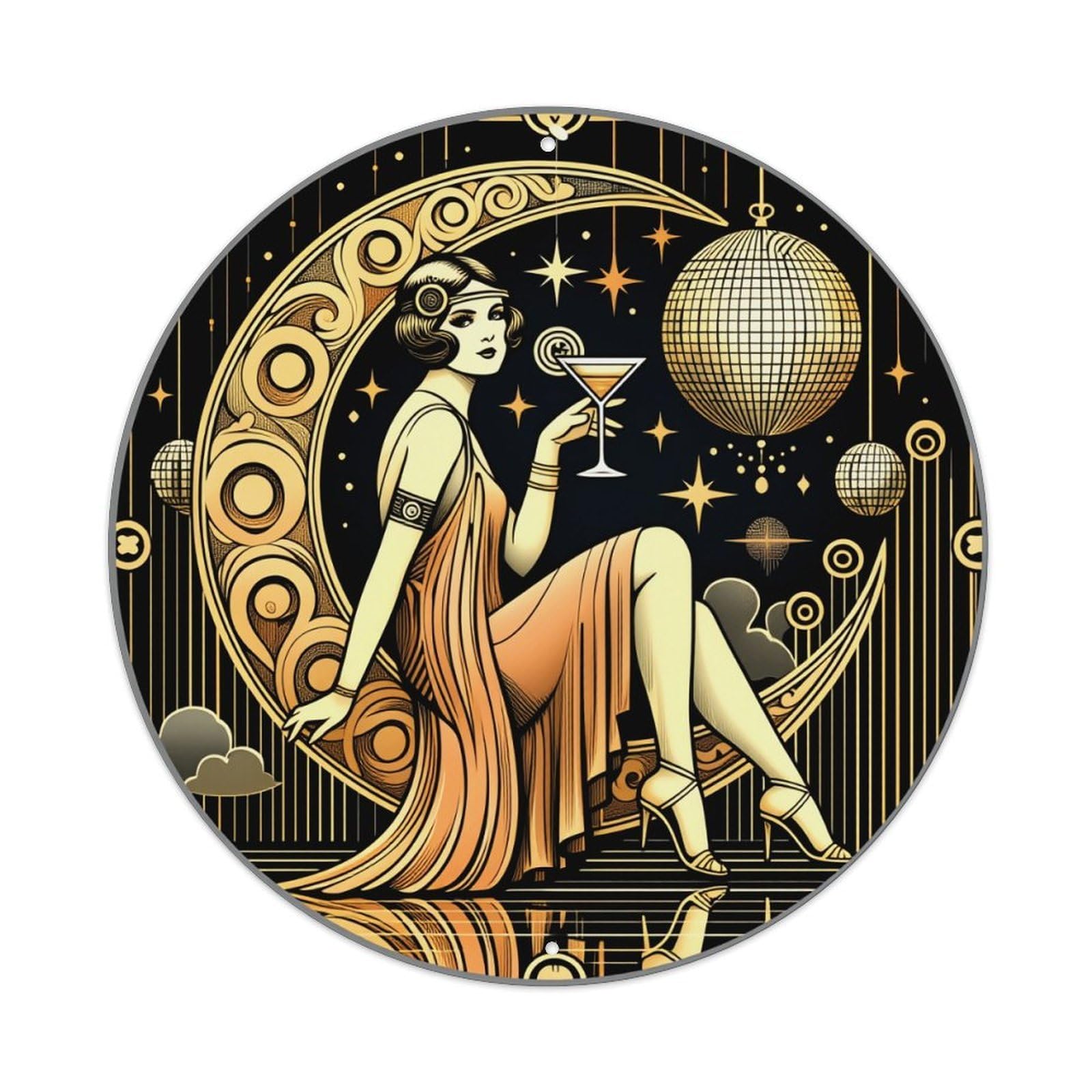 Art Deco Woman Cocktail Moon Round Tin Sign Vintage Metal Poster, Home Bar Garage Man Cave Cafe Indoor & Outdoor Wall Decoration 8x8Inches