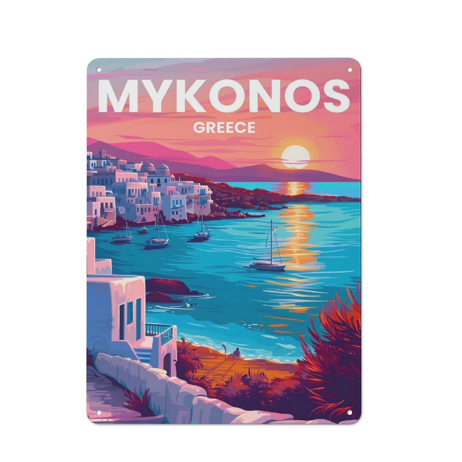 Junmoney Mykonos Island Retro Metal Sign 40X30cm For Garden Room Or Summerhouse, A Decorative Metal Sign For Garden Rooms And Summerhouses