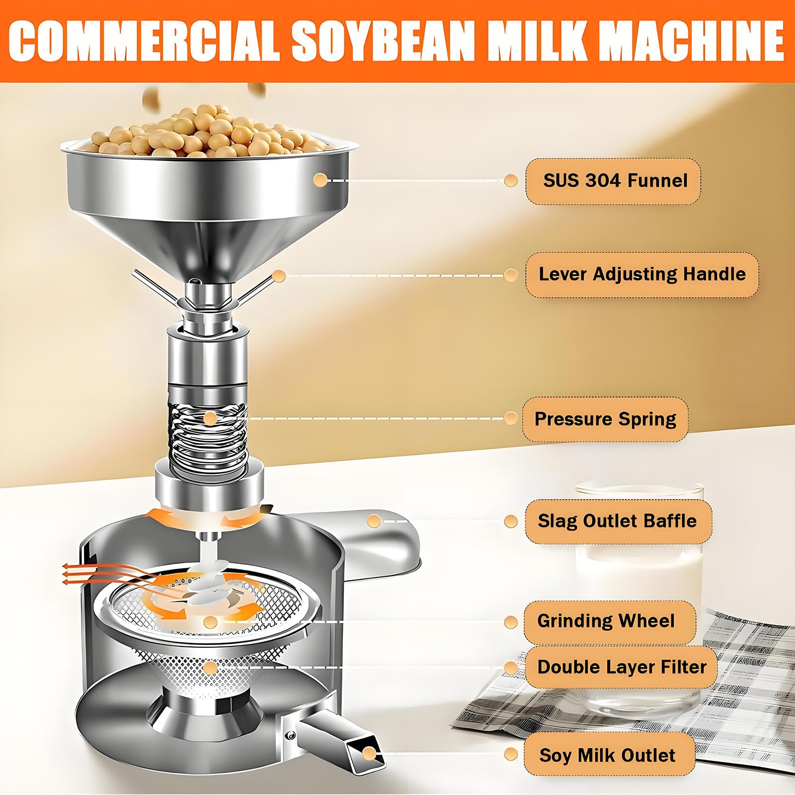 Machine à Lait de soja Commerciale à séparation séparée, broyeur Automatique avec Filtre Amovible pour la séparation des résidus, en Acier Inoxydable, pour Lait de soja et Tofu.