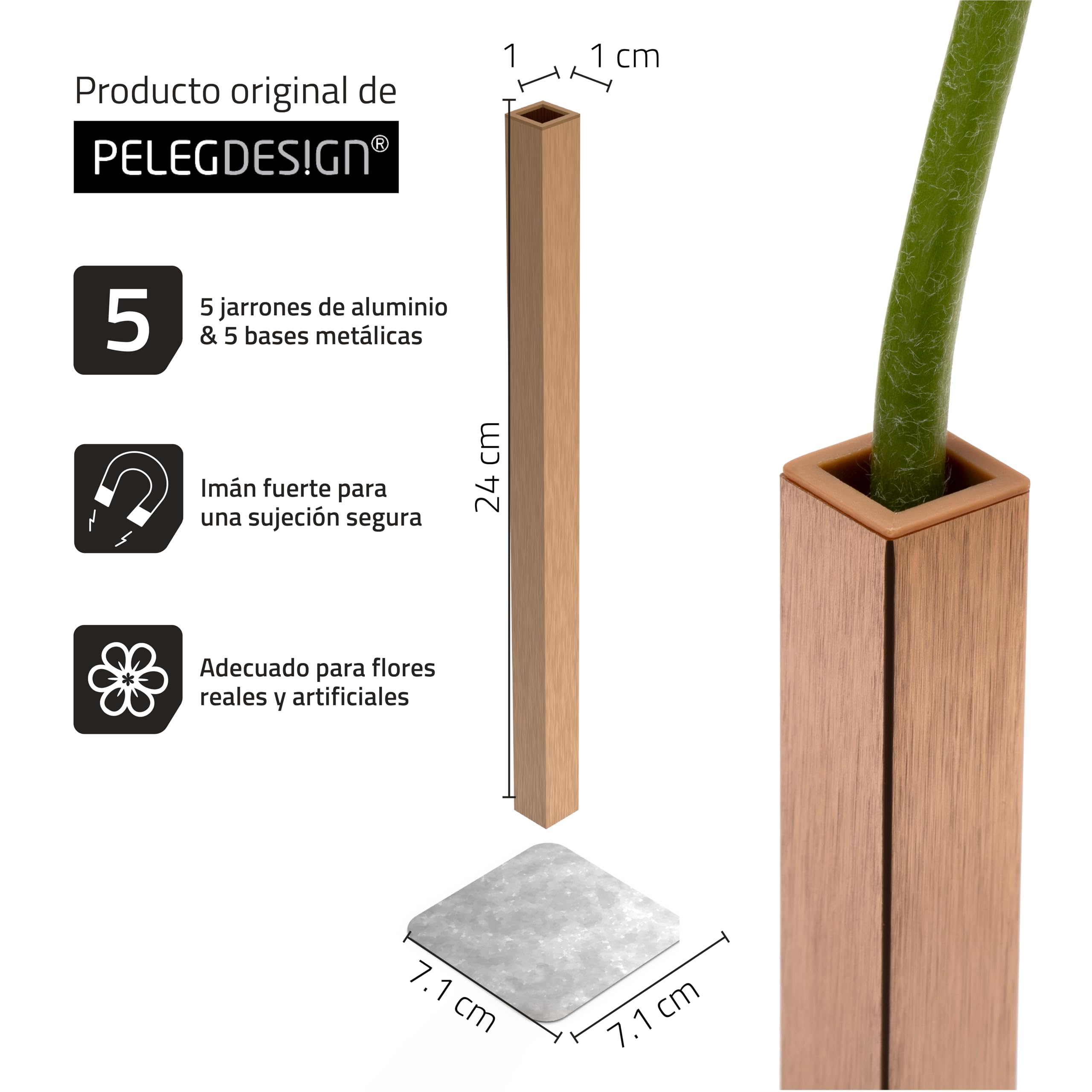 Peleg Design – Set de 5 Jarrones Magnéticos Dorados de Aluminio, Decoración Moderna para Hogar y Jardín, Ideal para Flores Reales o Artificiales (Dorado)