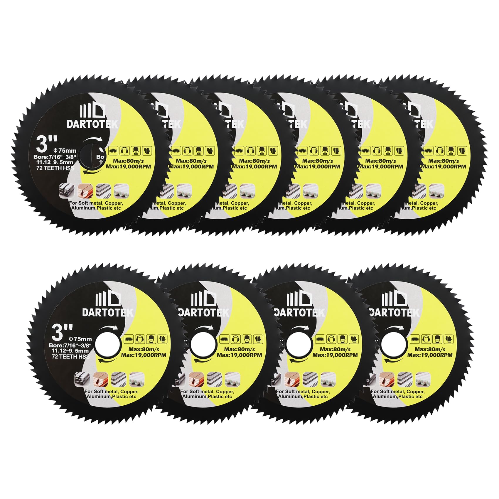 HSS Circular Saw Blade 75mm - DARTOTEK 10pcs 72T High Speed Steel Cutting Discs for Wood, Copper, Aluminum, Plastic and Soft Metal, Arbor 11.12mm with 9.5mm Washer