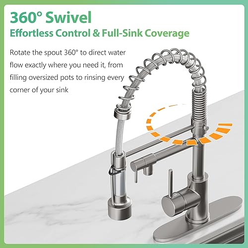Miniatura 3 de Grifo de cocina de doble boquilla con rociador extraíble, grifo de fregadero comercial de acero inoxidable de níquel cepillado con relleno de olla,