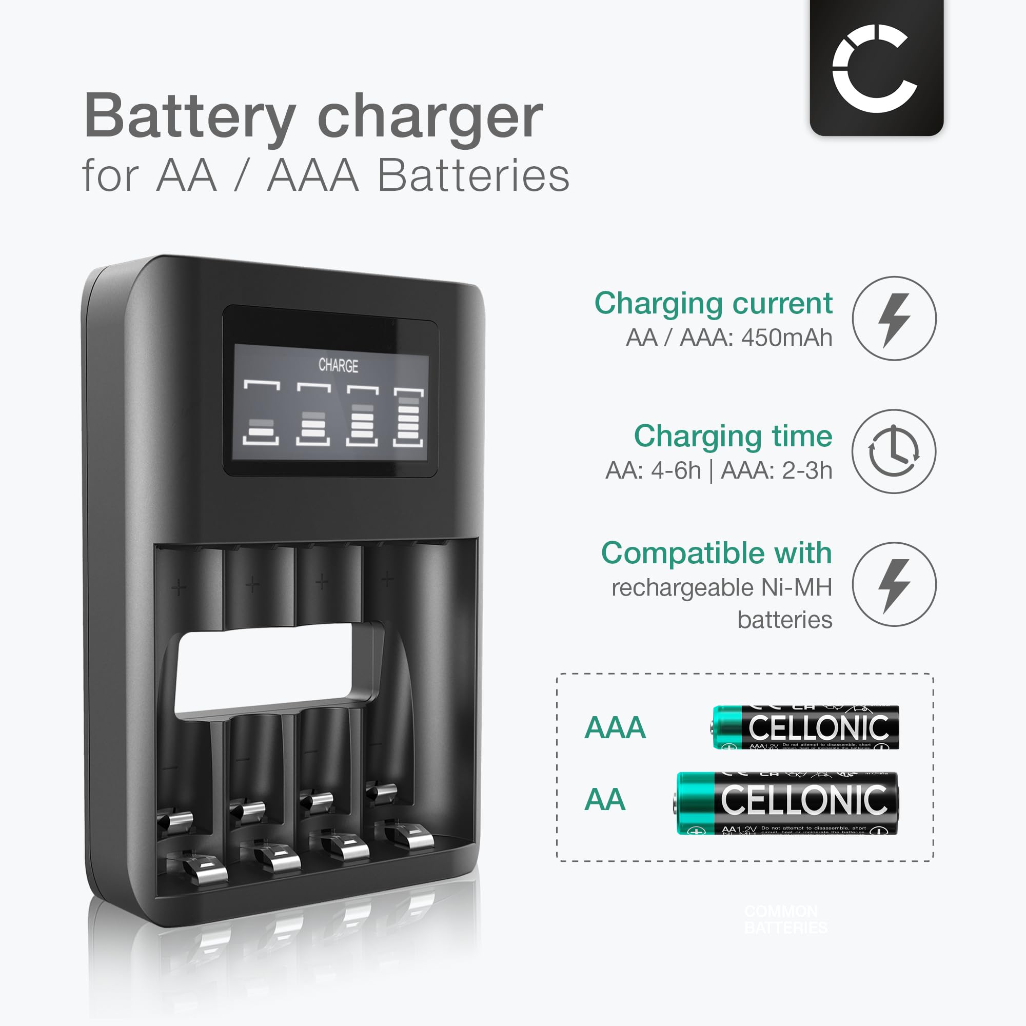 CELLONIC Chargeur de Piles AA AAA USB + 4X Batterie Rechargeable AA 2600mAh LR6, Chargeur AAA AA USB avec 4 Compartiments et Affichage, Chargeur Rapide Chargeur Piles 1.2V Battery Charger LR03 LR6