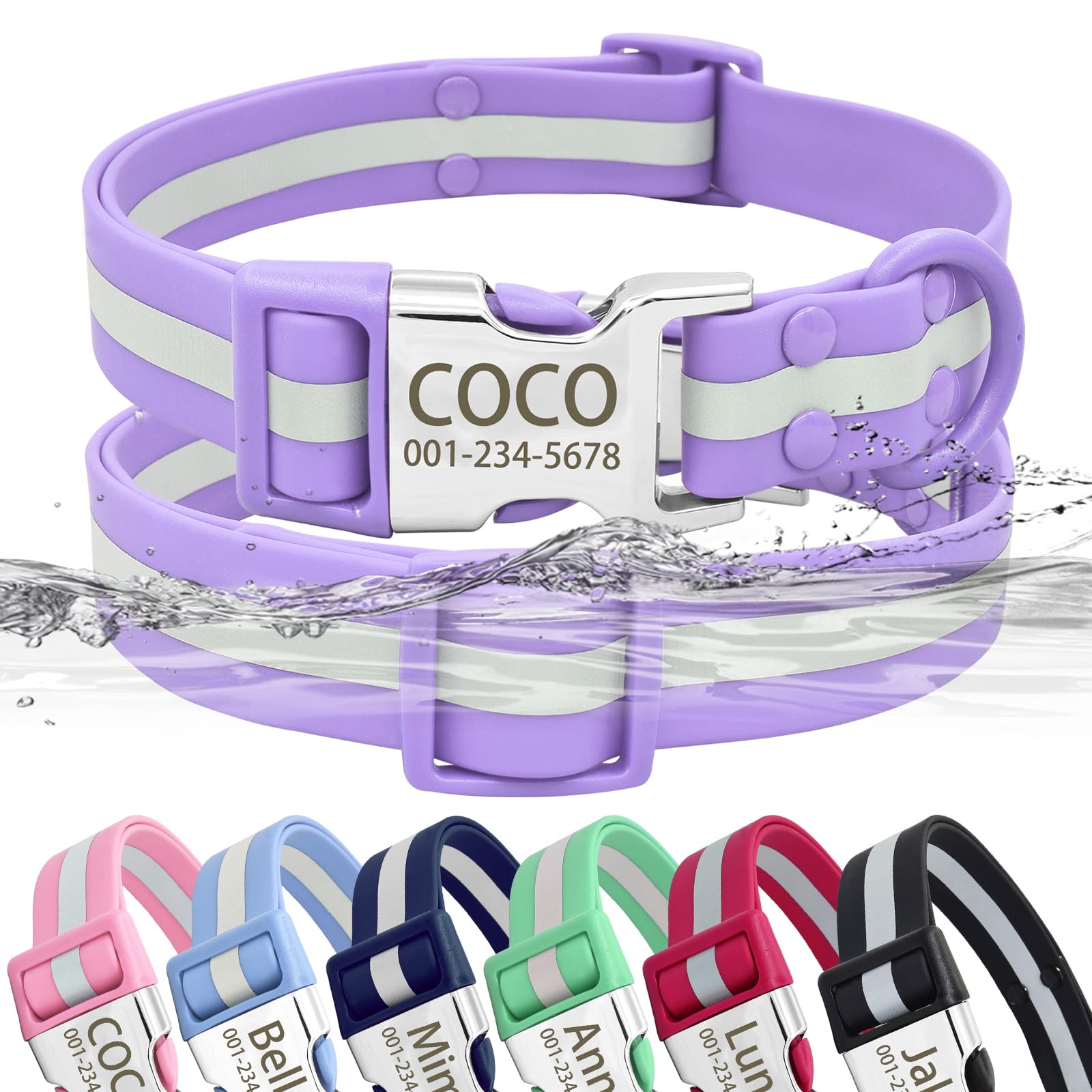 Personalized Waterproof & Reflective Dog Collar with Name Plate,Custom Easy Clean PVC Dog Collar with Buckle Engraved ID Name and Number (M(Width:3/4'', Fit 12.5''-20.0''),Purple)